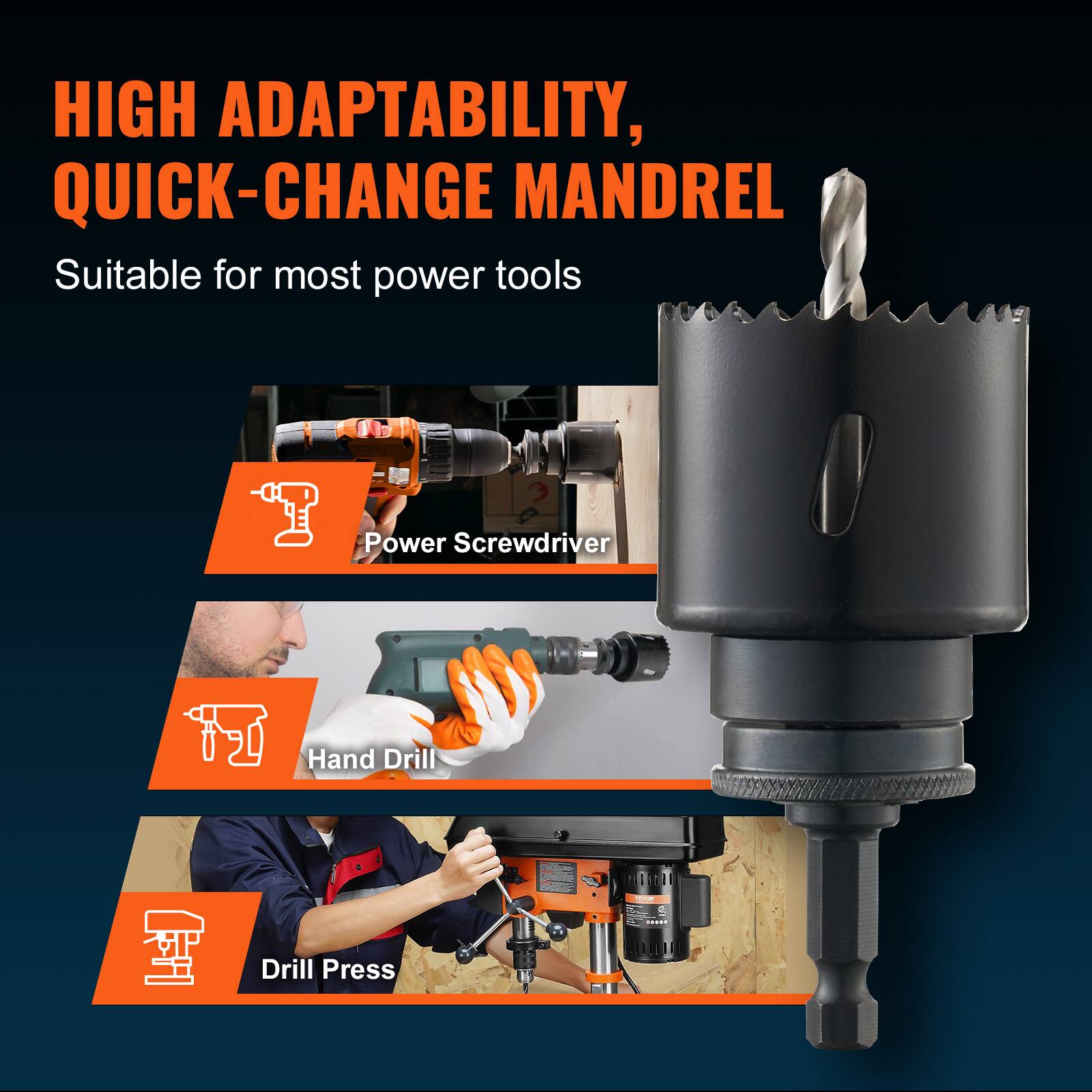 HIGH ADAPTABILITY, QUICK-CHANGE MANDREL

Suitable for most power tools

- Power Screwdriver
- Hand Drill
- Drill Press