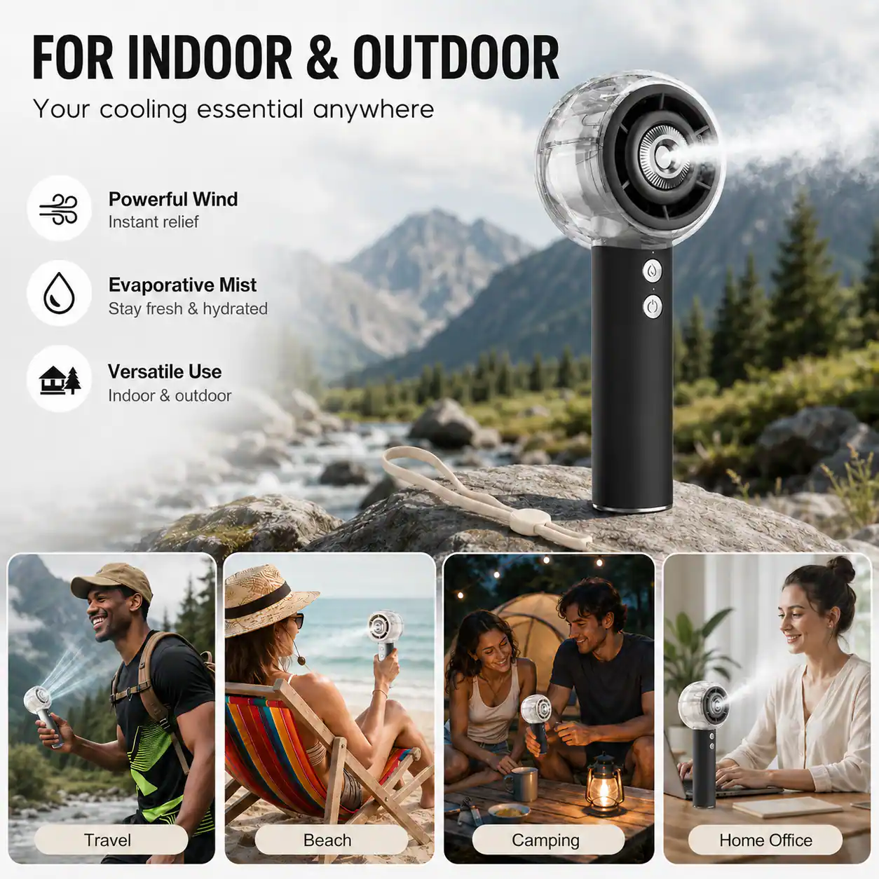 FOR INDOOR & OUTDOOR  
Your cooling essential anywhere  

Powerful Wind  
Instant relief  

Evaporative Mist  
Stay fresh & hydrated  

Versatile Use  
Indoor & outdoor  

Travel  
Beach  
Camping  
Home Office