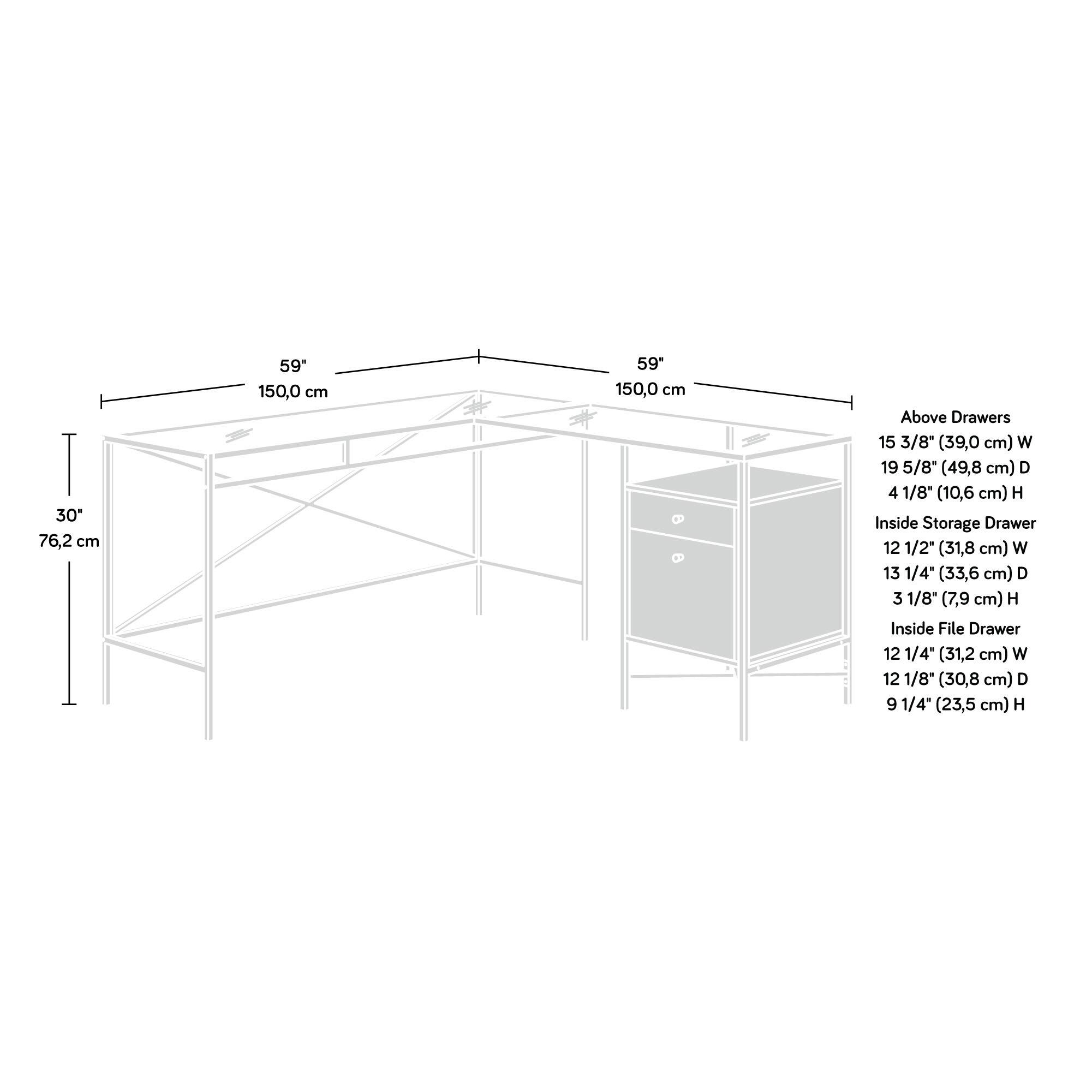 30" 76,2 cm  
59" 150,0 cm  

Above Drawers  
15 3/8" (39,0 cm) W  
19 5/8" (49,8 cm) D  
4 1/8" (10,6 cm) H  

Inside Storage Drawer  
12 1/2" (31,8 cm) W  
13 1/4" (33,6 cm) D  
3 1/8" (7,9 cm) H  

Inside File Drawer  
12 1/4" (31,2 cm) W  
12 1/8" (30,8 cm) D  
9 1/4" (23,5 cm) H