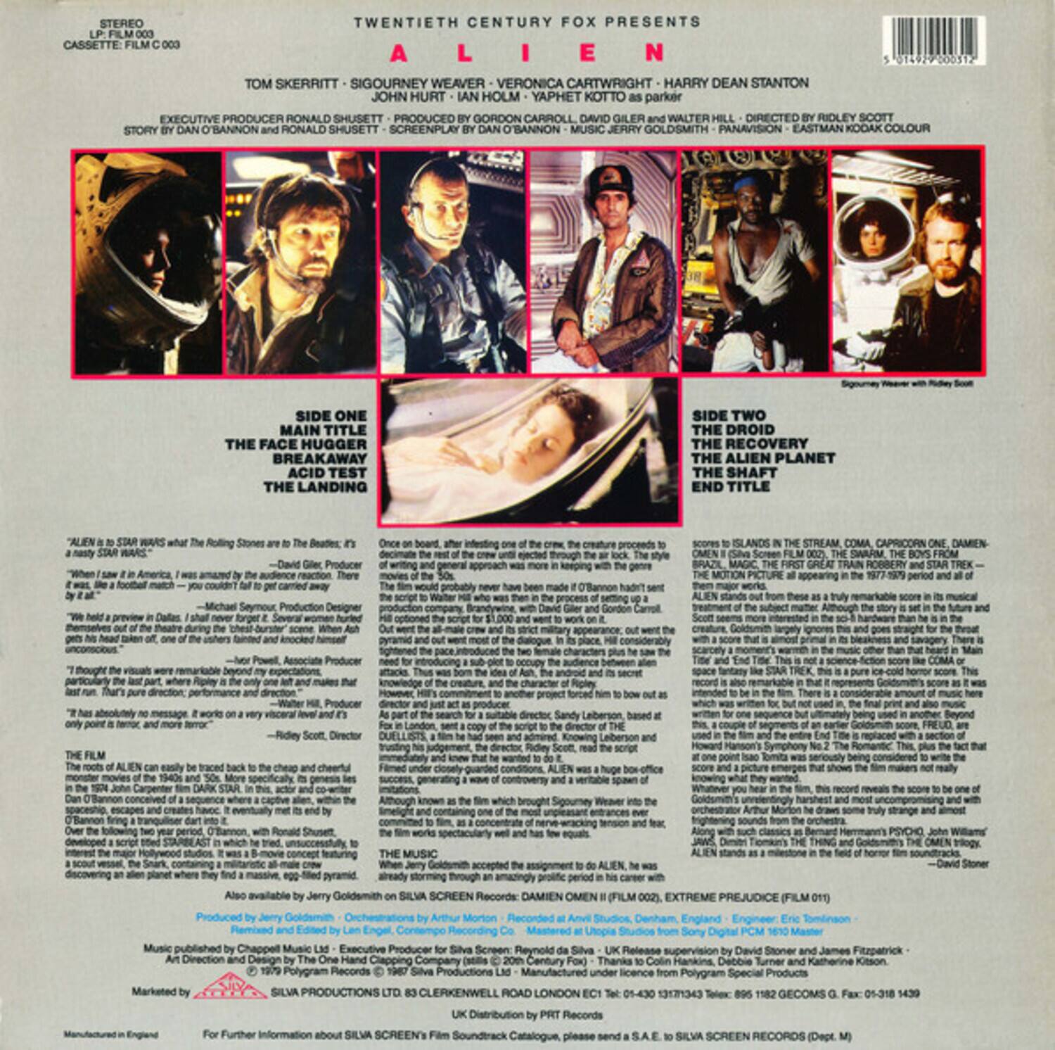 Sure, here is the corrected and grouped text from the image:

---

**STEREO**  
**CASSETTE: FILM 003**

**TWENTIETH CENTURY FOX PRESENTS**

**ALIEN**

**TOM SKERRITT**  
**SIGOURNEY WEAVER**  
**VERONICA CARTWRIGHT**  
**HARRY DEAN STANTON**  
**JOHN HURT**  
**IAN HOLM**  
**YAPHET KOTTO**

**EXECUTIVE PRODUCER**  
**RONALD SHUSETT**

**PRODUCED BY**  
**GORDON CARROLL**  
**DAVID AND WALTER HILL**

**DIRECTED BY**  
**RIDLEY SCOTT**

**STORY BY**  
**DAN O'BANNON**  
**AND**  
**RONALD SHUSETT**

**SCREENPLAY BY**  
**DAN O'BANNON**

**MUSIC BY**  
**JERRY GOLDSMITH**

**PANAVISION**  
**EASTMAN KODAK**  
**COLOUR**

**SIDE ONE**  
**MAIN TITLE**  
**THE FACE HUGGER**  
