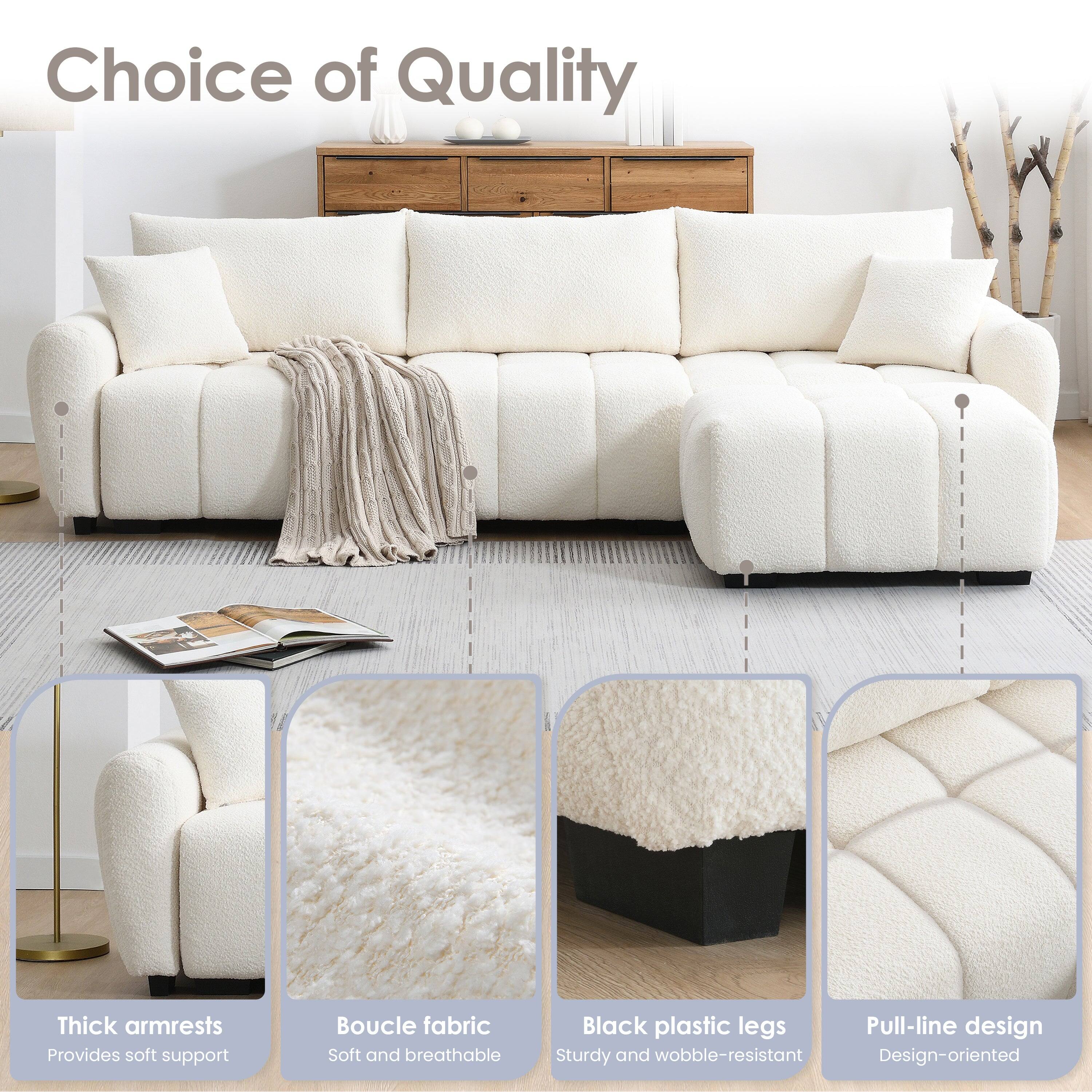 Choice of Quality

- Thick armrests: Provides soft support
- Boucle fabric: Soft and breathable
- Black plastic legs: Sturdy and wobble-resistant
- Pull-line design: Design-oriented