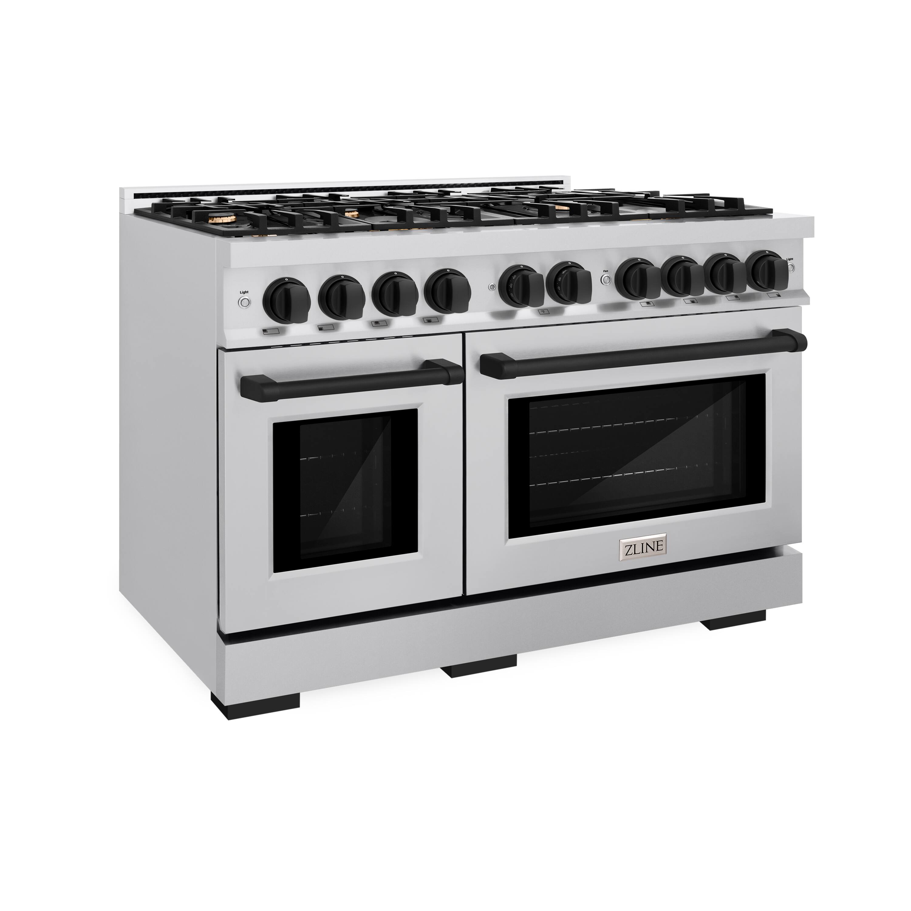 Angle. ZLINE - ZLINE Autograph 48" Select Double Oven Dual Fuel Range w/ Matte Black Accents (HDRZ-48-MB) - Stainless Steel.