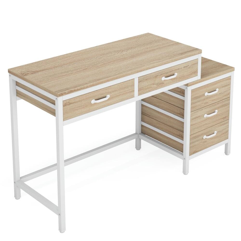 Alt View 1. Kadyn - Kadyn Study Writing Desk, 5-Drawer Computer Desk with Reversible Drawer Cabinet,Light Walnut - Beige.