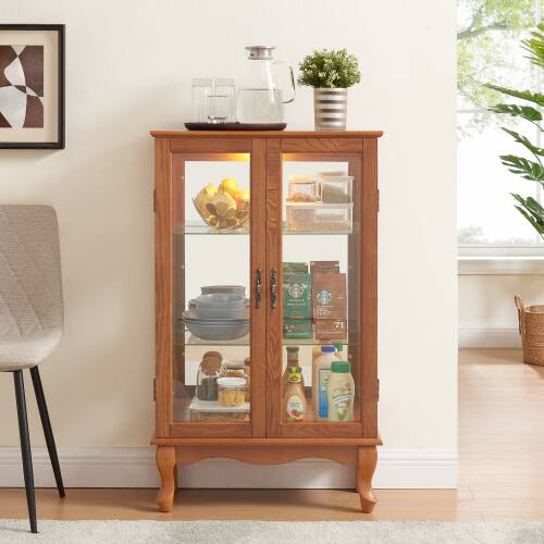 Angle. LUCKY ONE - Freestanding Curio Cabinet with Tempered Glass Doors Mirrored Back Adjustable Shelves Light for Office - Oak.