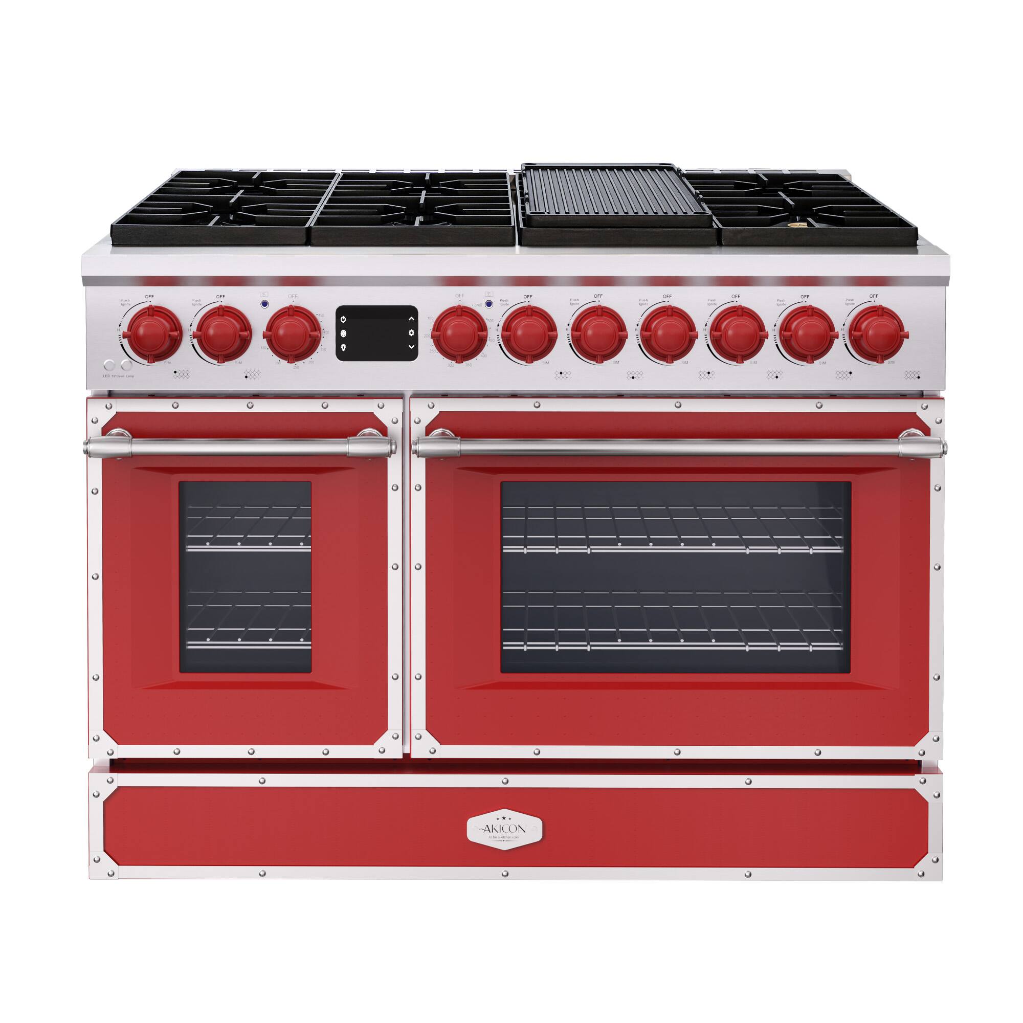 Angle. Akicon - Akicon 6.7 Cu.ft Freestanding Gas Rapid Convection Range with 8 Sealed Burners and Cast Iron Grates in Flame Red - Flame Red.