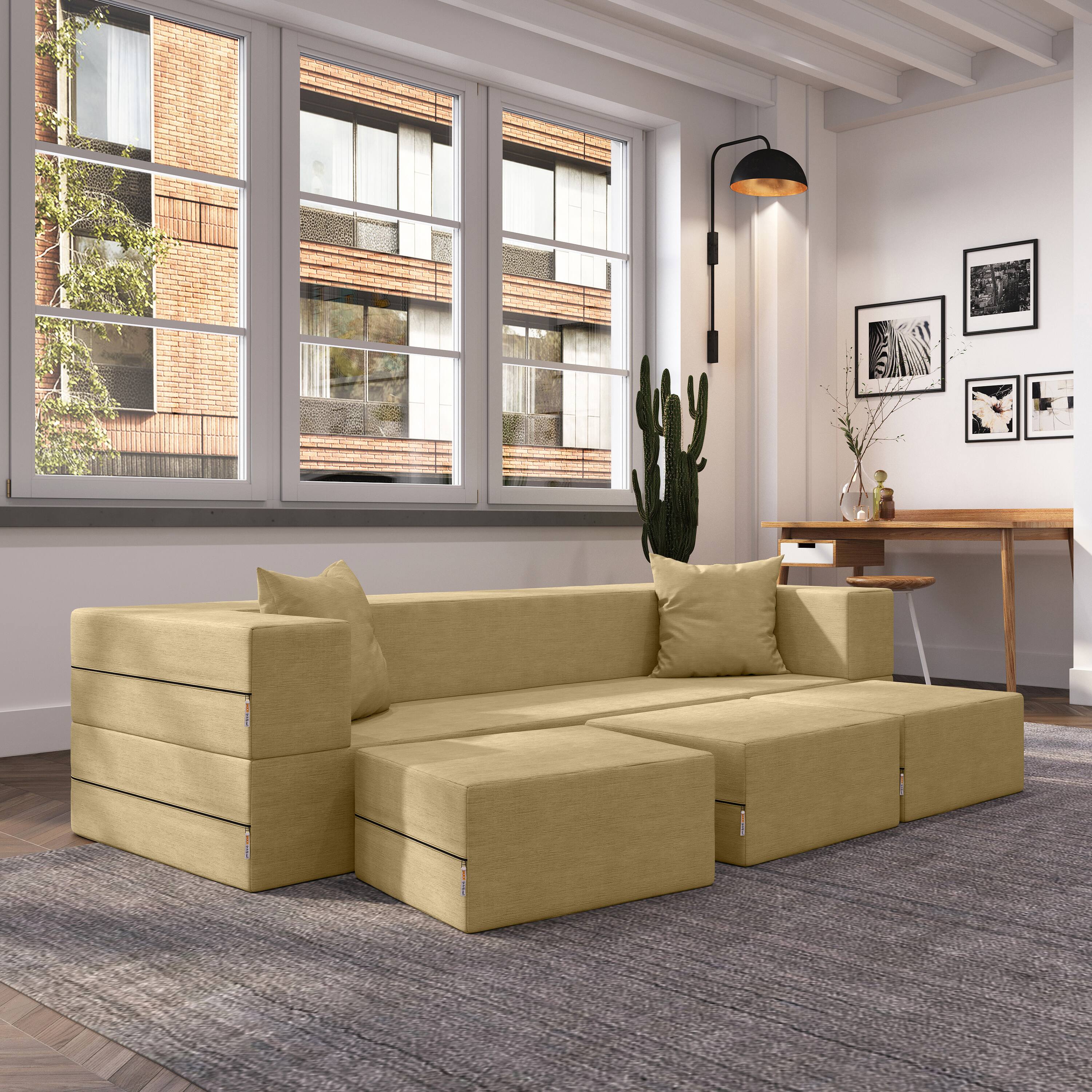 Left. Jaxx - Jaxx Zipline Convertible Sleeper Sofa & Three Ottomans/California King-Size Bed, Textured Microvelvet - Camel - Camel.