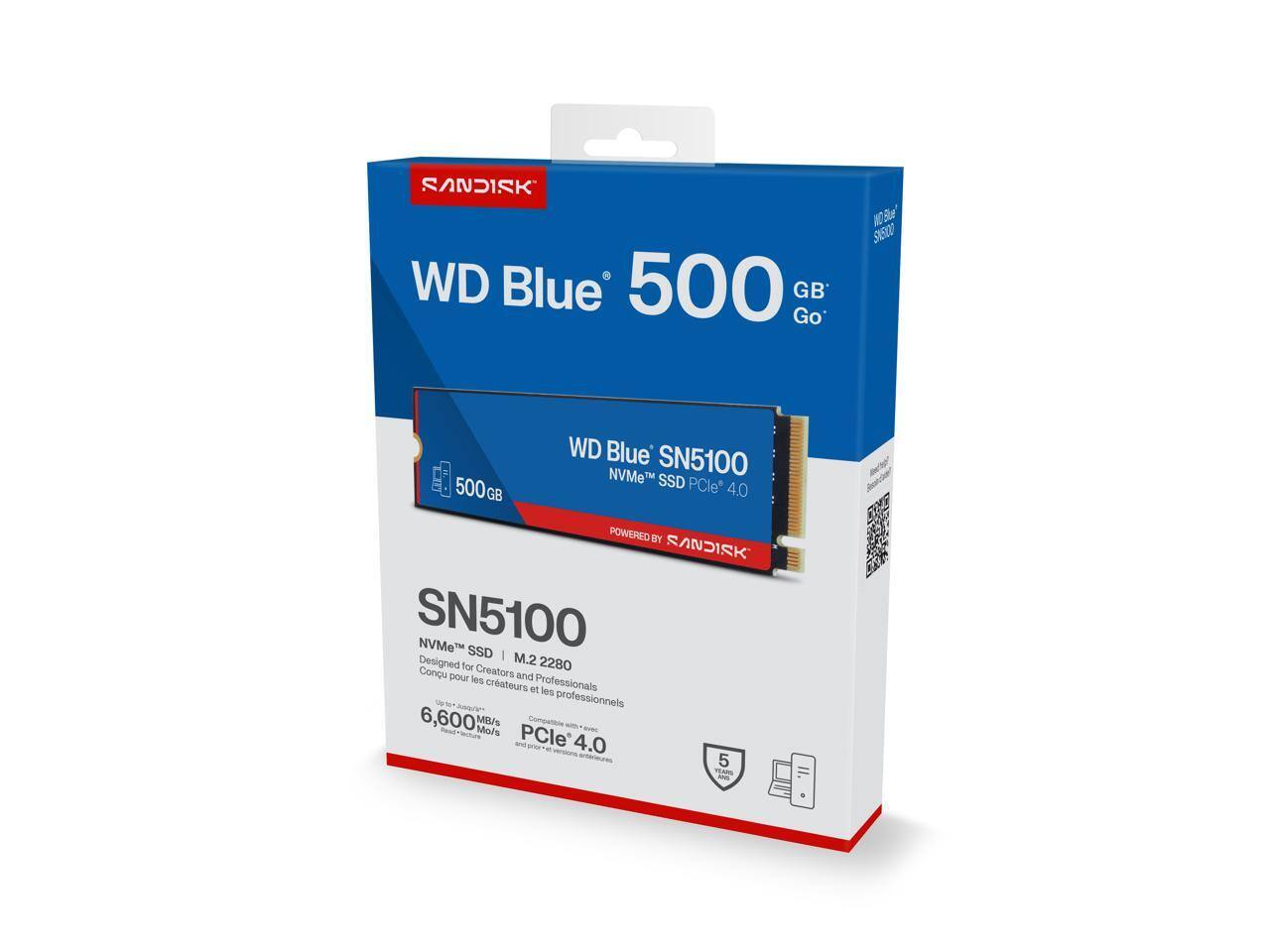 SANDISK WD Blue 500 GB Go  
WD Blue SN5100 NVMe SSD  
500GB  
M.2 2280  
Designed for Creators and Professionals  
6,600 MB/s  
PCle 4.0  
POWERED BY SANDISK  
SN5100 NVMe SSD
