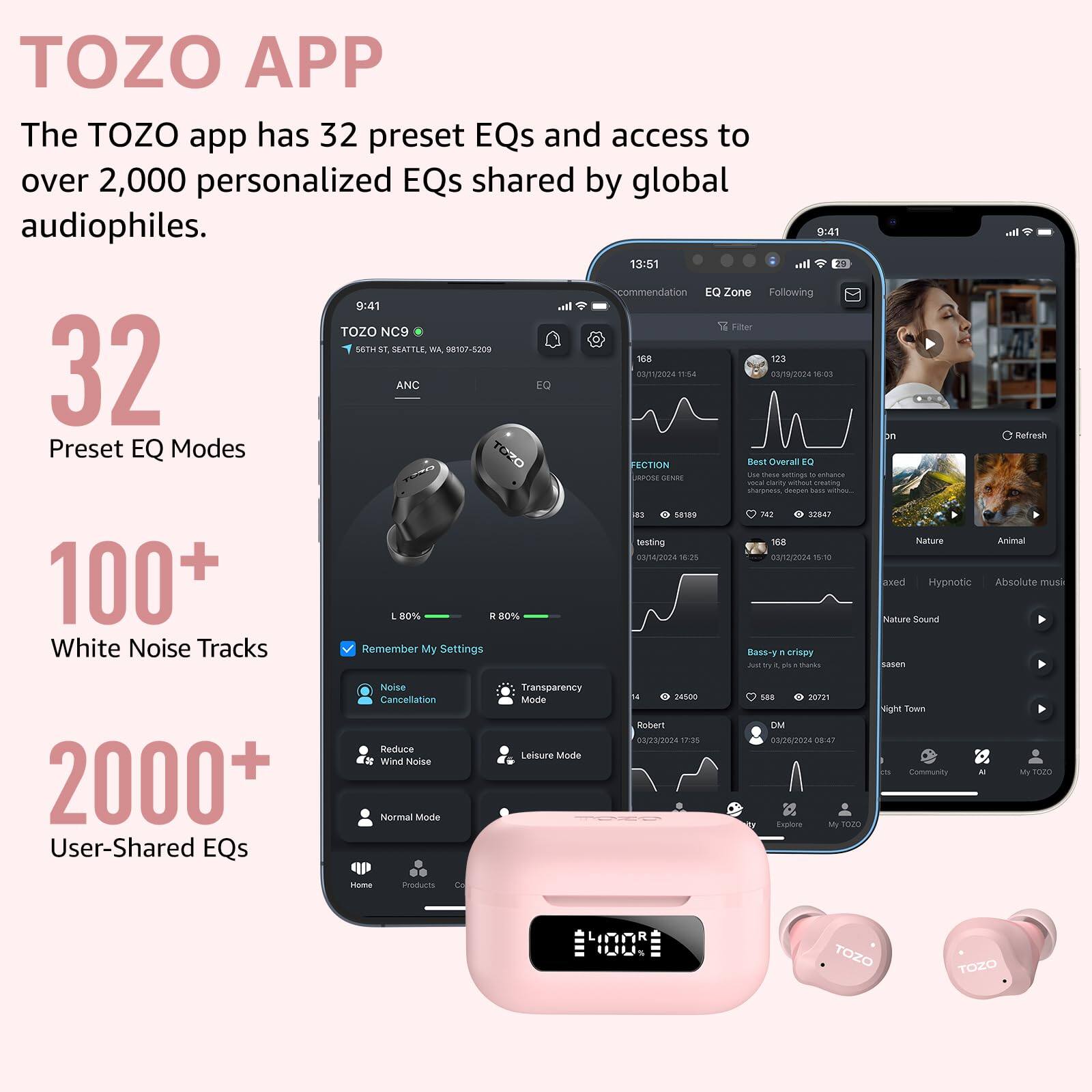 TOZO APP

The TOZO app has 32 preset EQs and access to over 2,000 personalized EQs shared by global audiophiles.

32  
Preset EQ Modes

100+  
White Noise Tracks

2000+  
User-Shared EQs

---

TOZO NC9  
ANC  
EQ

- Noise Cancellation
- Reduce Wind Noise
- Normal Mode
- Transparency Mode
- Leisure Mode

- Remember My Settings

---

EQ Zone  
Recommendation

- FECTION  
  Best Overall EQ  
  - 83  
  - 58,899  
  - 742  
  - 32,647

- Nature  
  - 14  
  - 24,500  
  - 548  
  - 20,721

- Animal  
  - 14  
  - 24,500  
  - 548  
  - 20,721

- Hypnotic  
  - 14  
  - 24,500  
  - 548  
  - 20,