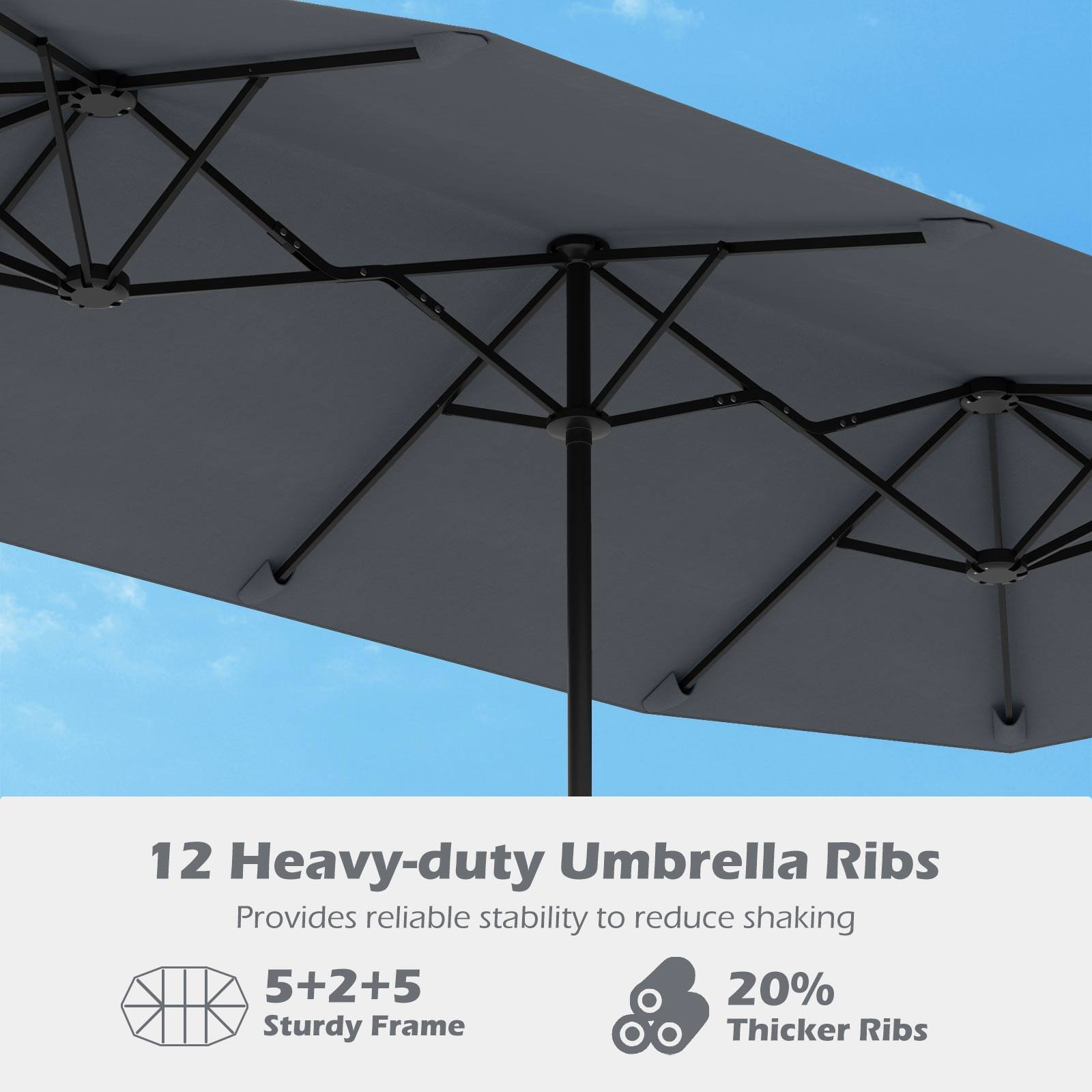 12 Heavy-duty Umbrella Ribs, Provides reliable stability to reduce shaking, 5+2+5, 20% Thicker Ribs