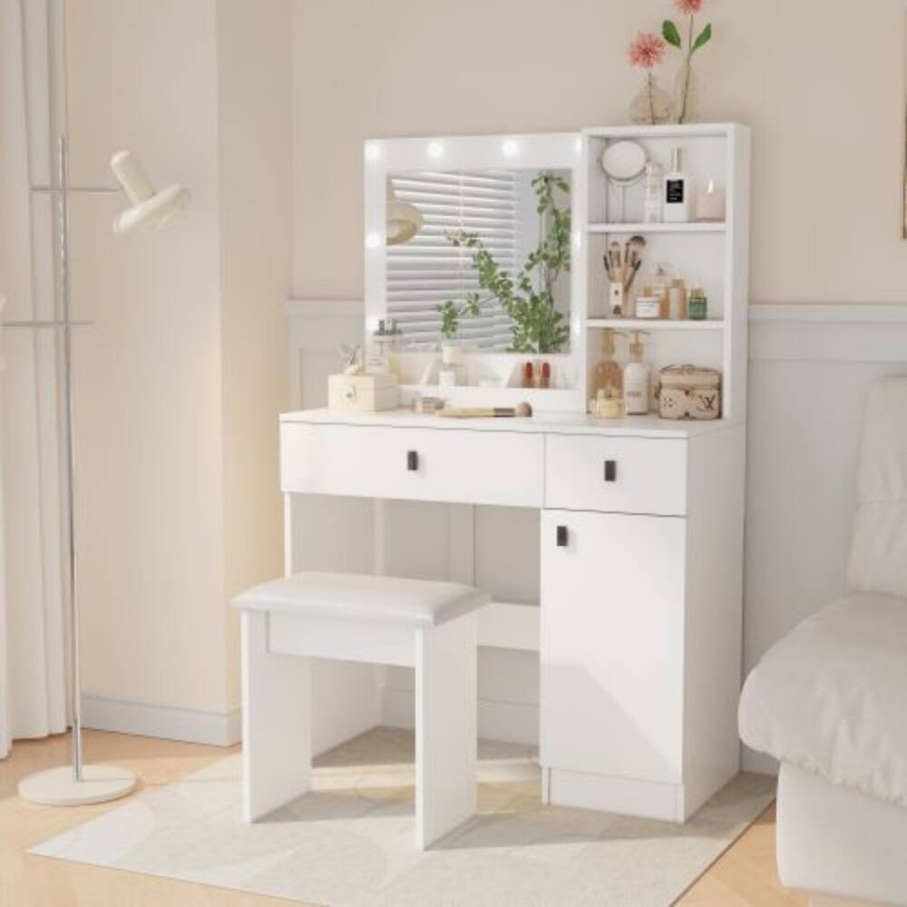 Angle. LUCKY ONE - Vanity Desk with LED Mirror, Large Drawers, Three Level Storage and Stool for Bedroom - White.