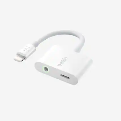 Front. Belkin - RockStar Lightning to 3.5mm Audio Cable + Audio Charger Splitter, 2-in-1 Aux iPhone Headphone and Charger Adapter - White.