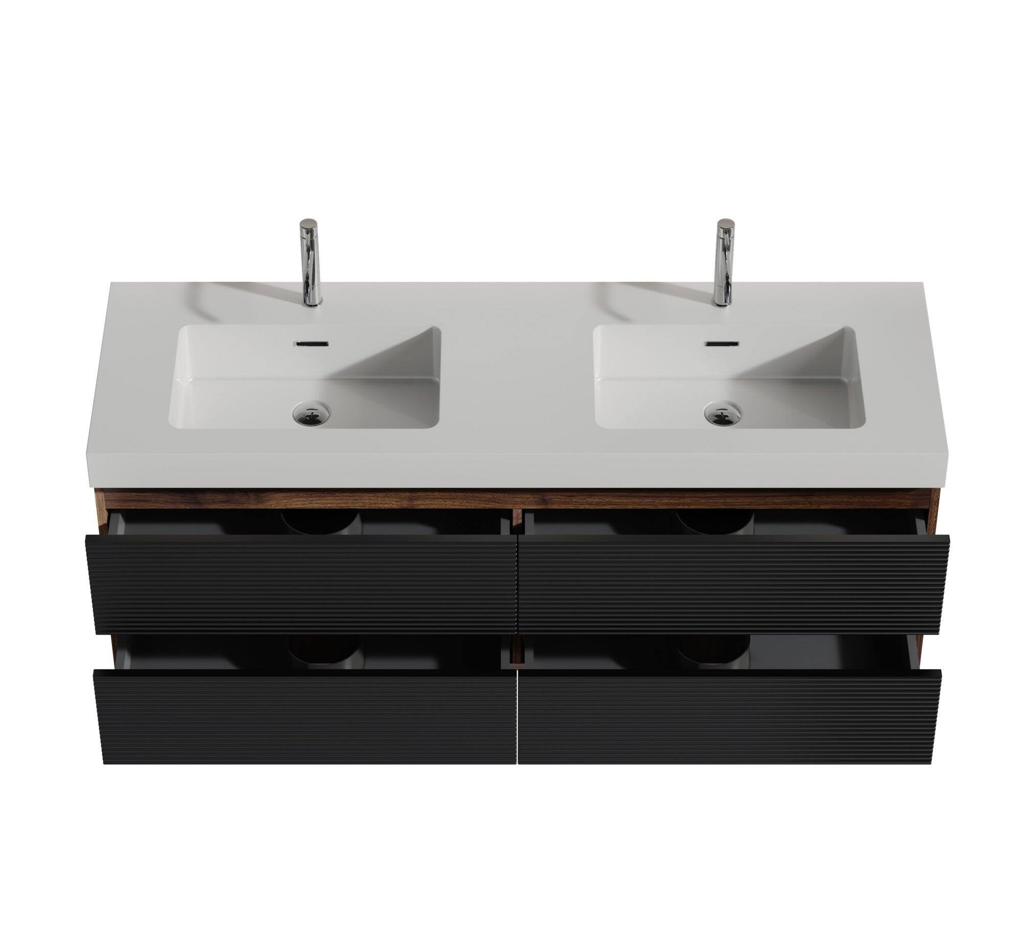 Alt View 3. Boyel Living - 60 in. Walnut Bathroom Vanity with Glossy White Solid Surface Sink, Wall Mounted Floating, Pre-Assembled - Black+Brown.