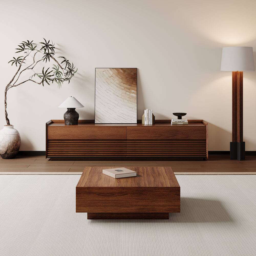 Alt View 2. POVISON - 39" Fully-assembled Square Wood Coffee Table Mid-Century Coffee Table with 2 Drawer for Living Room,  Brown - Walnut.