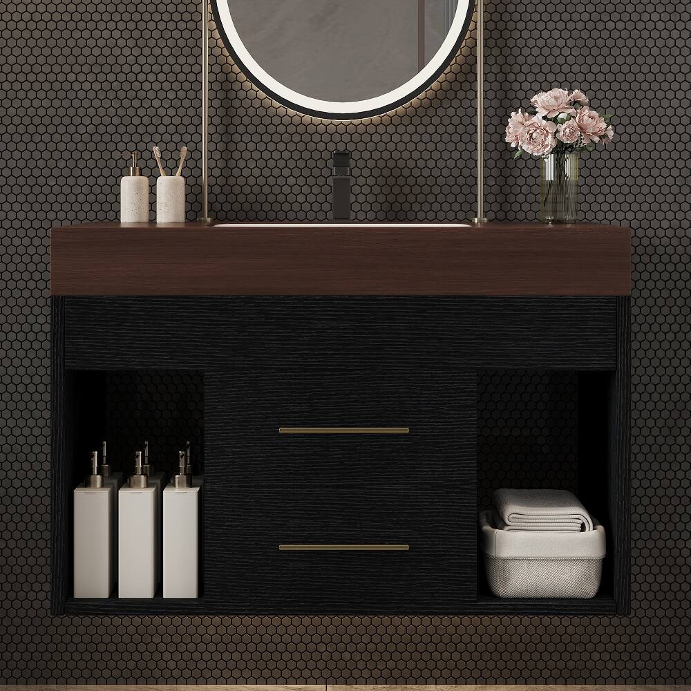 Left. Loheer - Loheer 29.9 inch floating bathroom vanity Sintered Stone Top Wall Mounted - Black, Walnut.