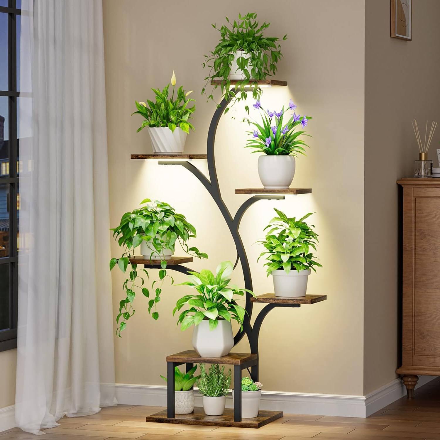 Angle. SlickBlue - Indoor Plant Stand Display Shelf with Grow Lights – Modern Organizer for Plants - Brown, Black.