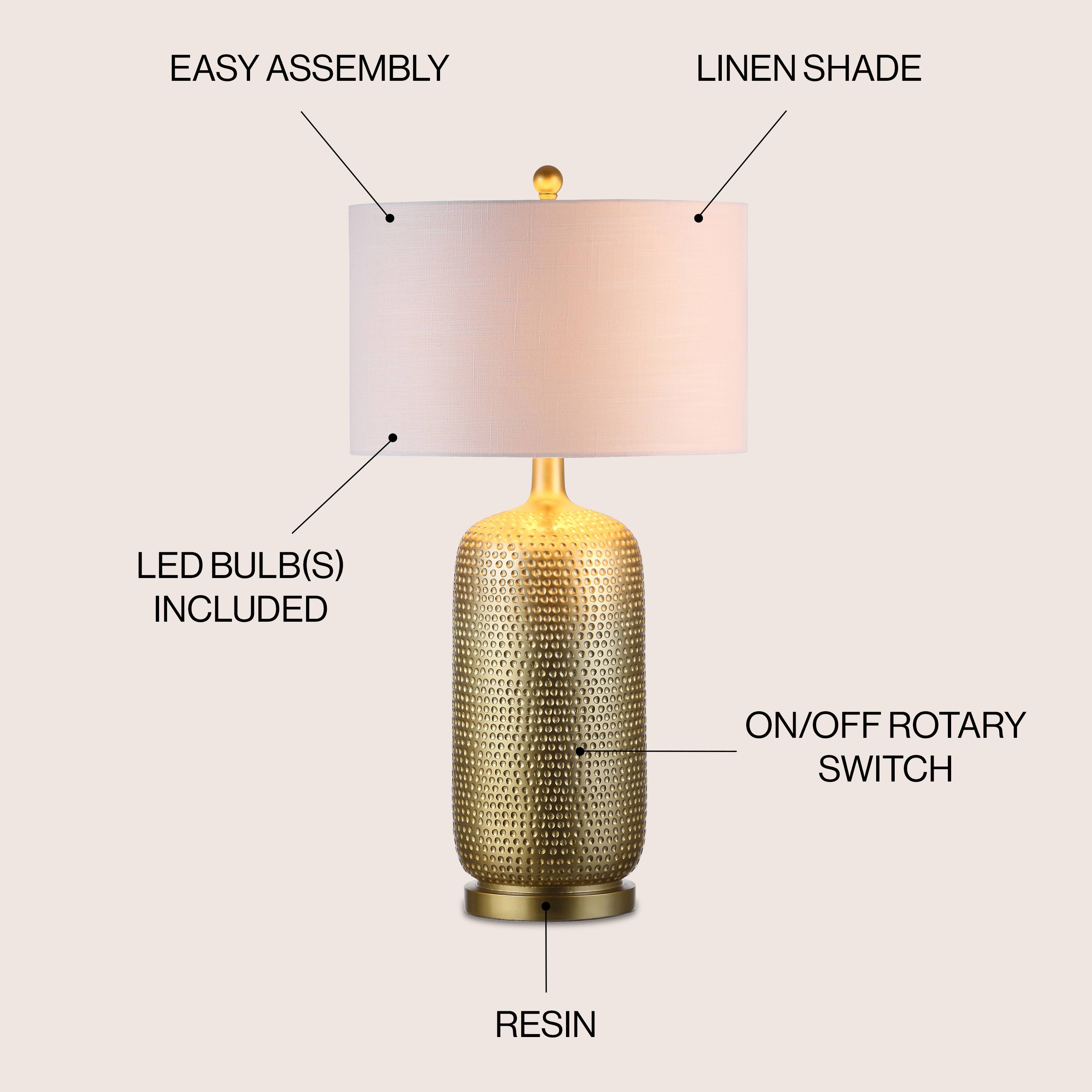 - EASY ASSEMBLY
- LINEN SHADE
- LED BULB(S) INCLUDED
- ON/OFF ROTARY SWITCH
- RESIN