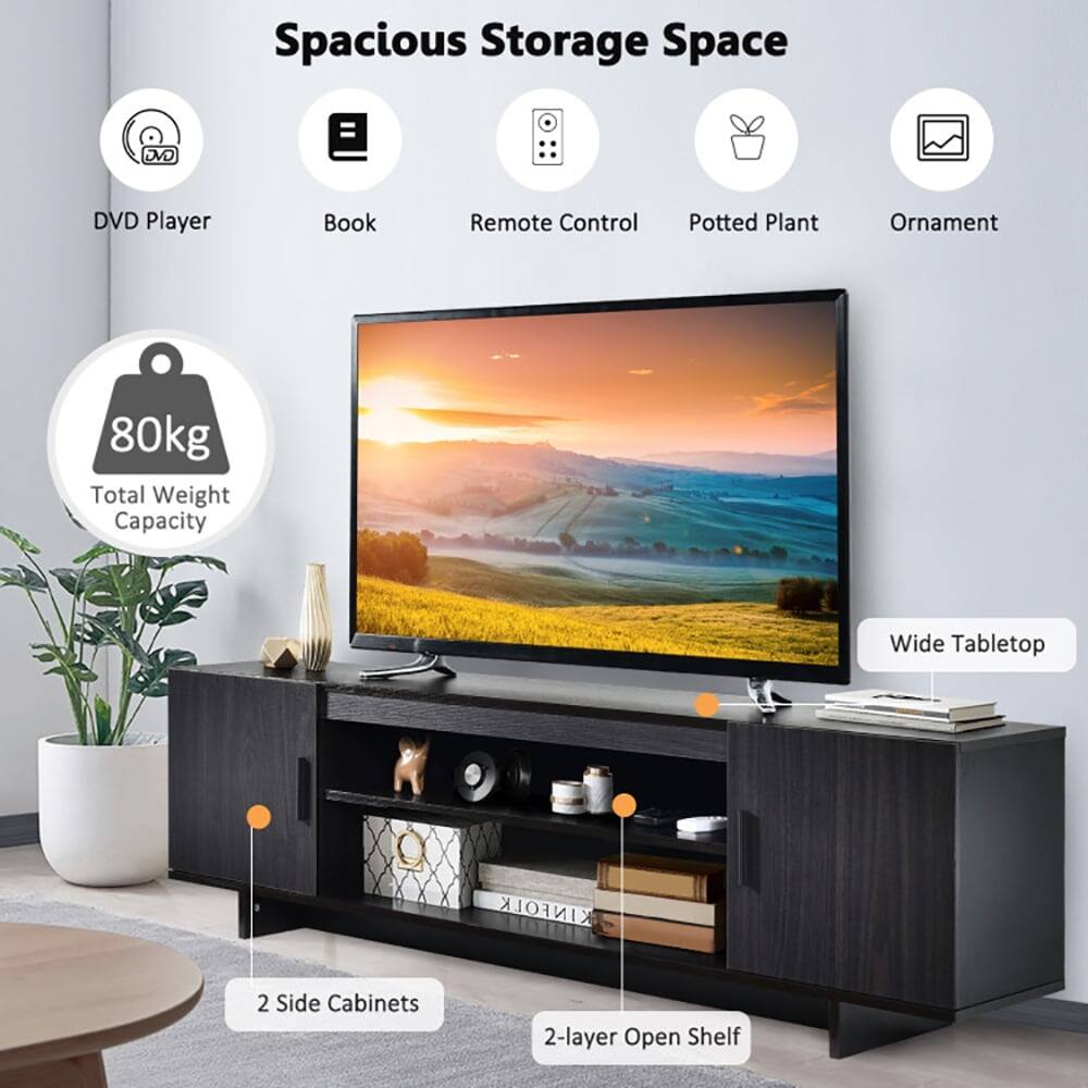 Spacious Storage Space  
DVD Player  
Book  
Remote Control  
Potted Plant  
Ornament  
80kg Total Weight Capacity  
Wide Tabletop  
2 Side Cabinets  
2-layer Open Shelf
