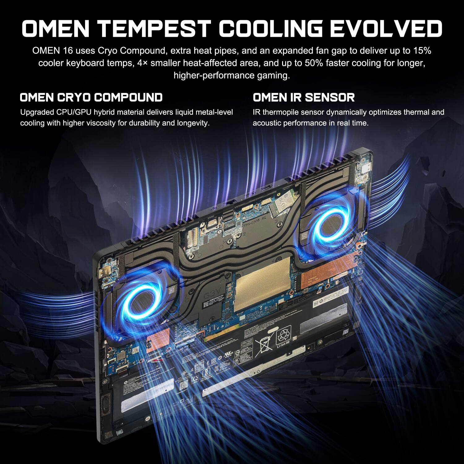 OMEN TEMPEST COOLING EVOLVED OMEN 16 uses Cryo Compound, extra heat pipes, and an expanded fan gap to deliver up to 15% cooler keyboard temps, 4x smaller heat-affected area, and up to 50% faster cooling for longer, higher-performance gaming. OMEN CRYO COMPOUND OMEN IR SENSOR Upgraded CPU/GPU hybrid material delivers liquid metal-level IR thermopile sensor dynamically optimizes thermal and cooling with higher viscosity for durability and longevity. acoustic performance in real time.