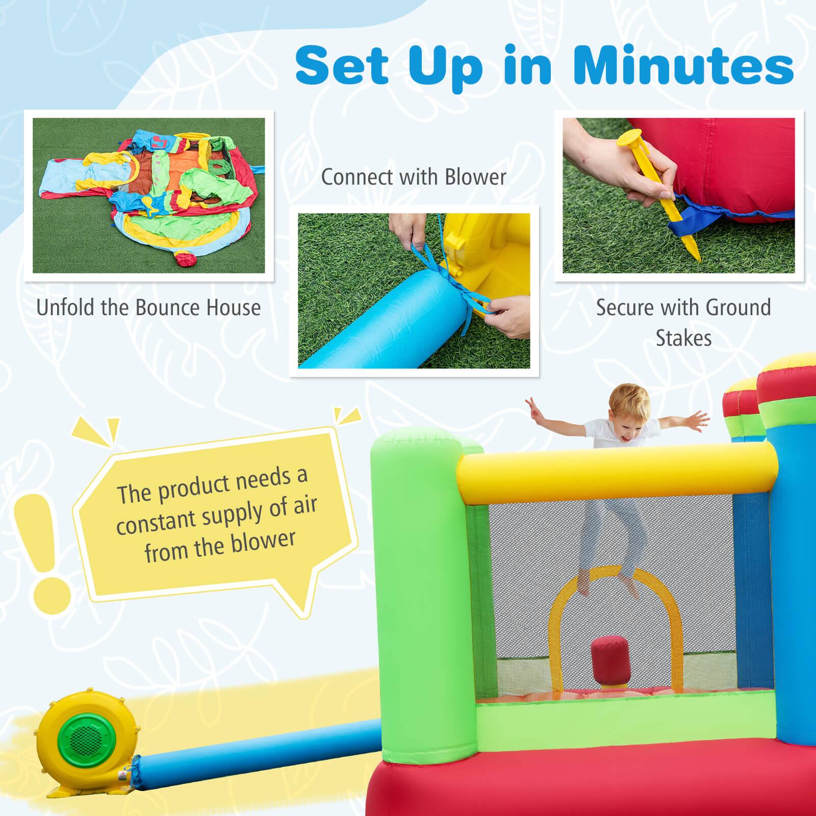 Set Up in Minutes

- Connect with Blower
- Unfold the Bounce House
- Secure with Ground Stakes

The product needs a constant supply of air from the blower