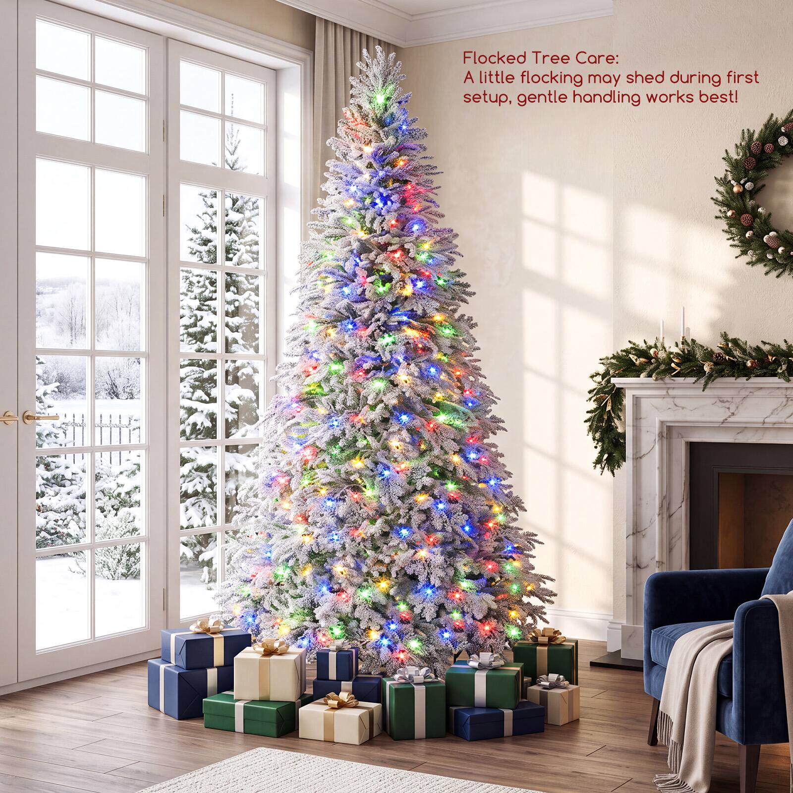 Flocked Tree Care: A little flocking may shed during first setup, gentle handling works best!
