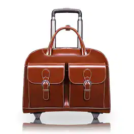 JanSport - 15-inch Laptop Briefcase Top Grain Cowhide Leather Vertical Wheeled Rolling Business Bag Removable Trolley Case - Brown