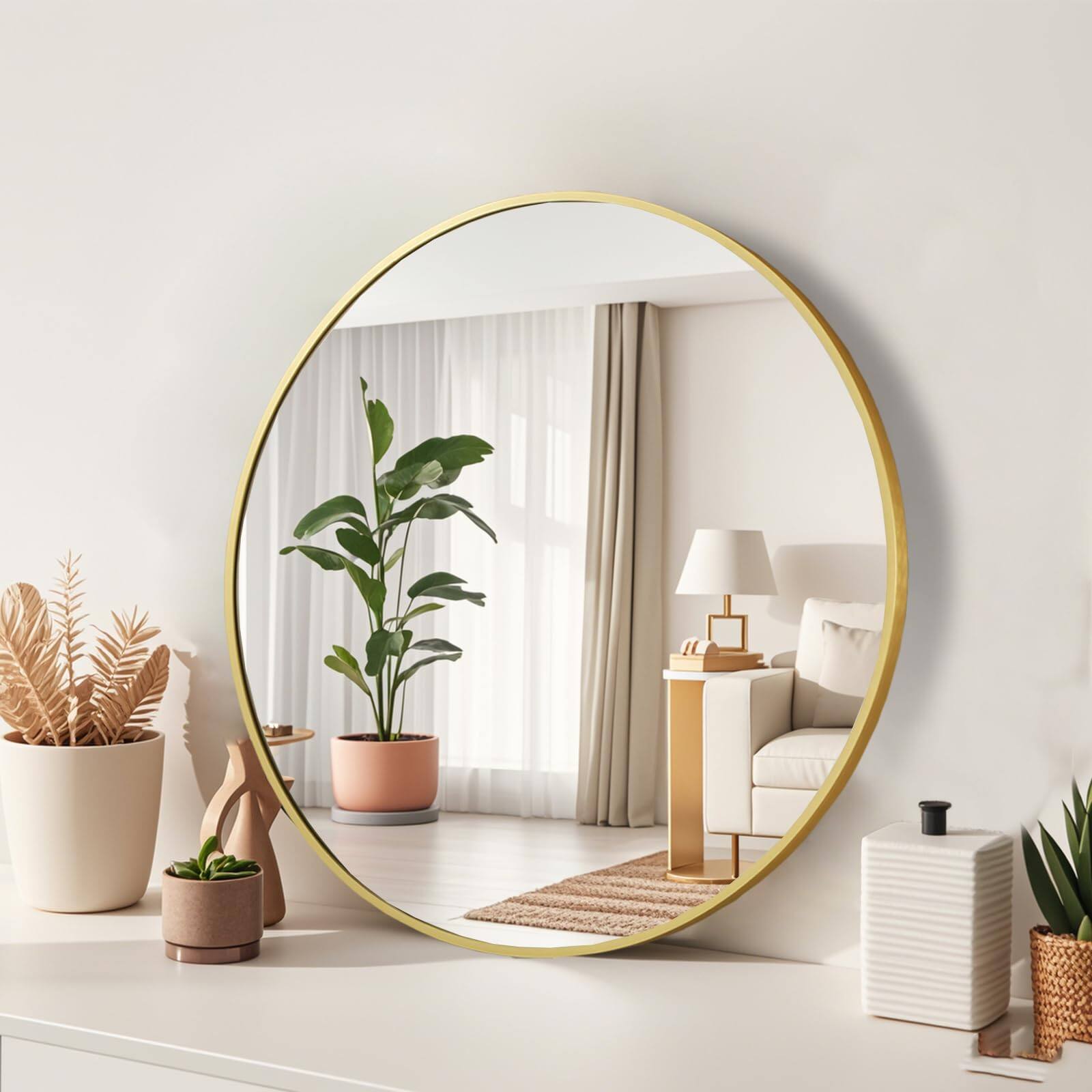 Left. Comfort Essence - Round Mirror Metal Frame Circle Bathroom For Wall Decor Living Room Entryway Elegant Mirror: With elegant - Gold-28"L x 28"W.