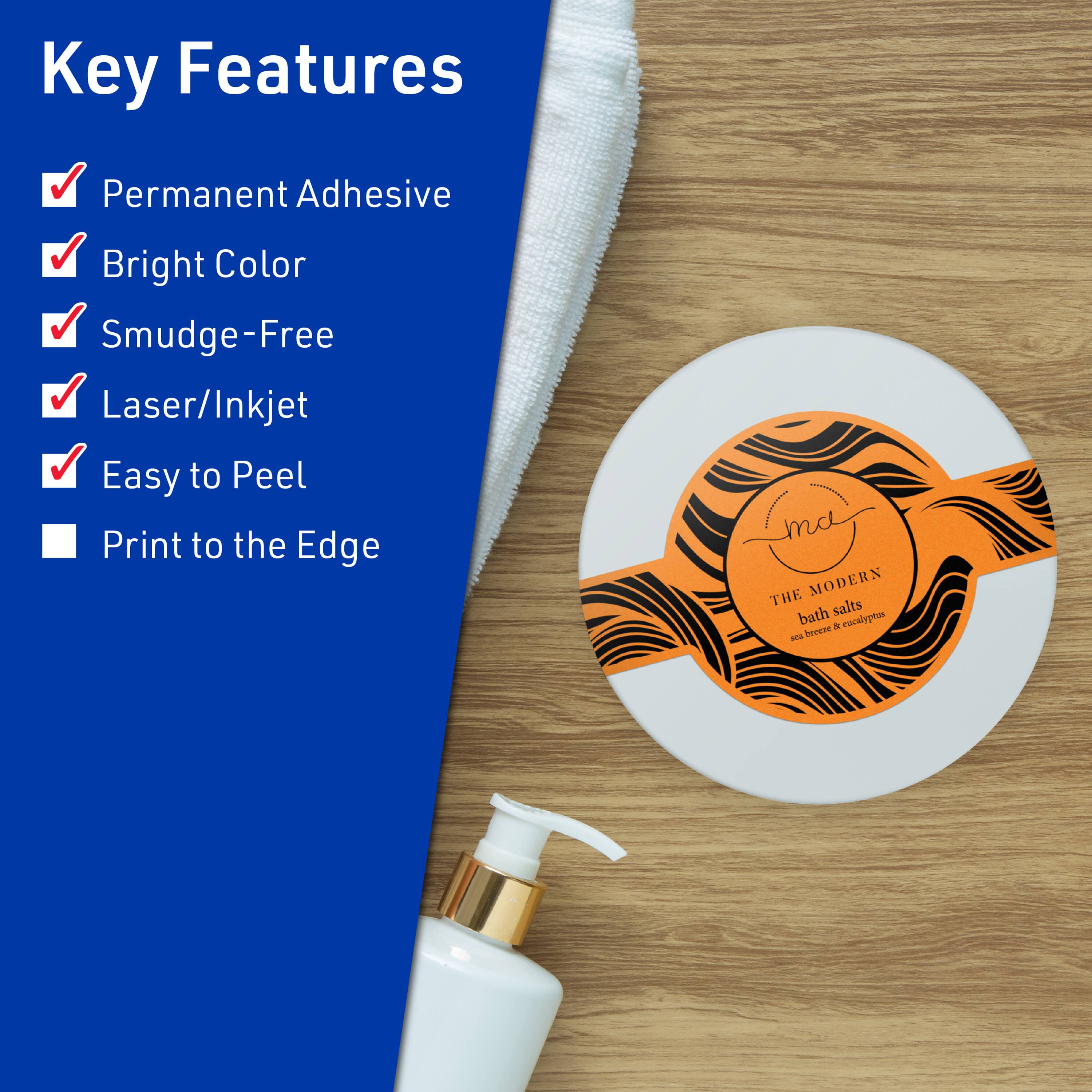 Key Features  
- Permanent Adhesive  
- Bright Color  
- Smudge-Free  
- Laser/Inkjet  
- Easy to Peel  
- Print to the Edge  

THE MODERN  
bath salts  
sea breeze & eucalyptus