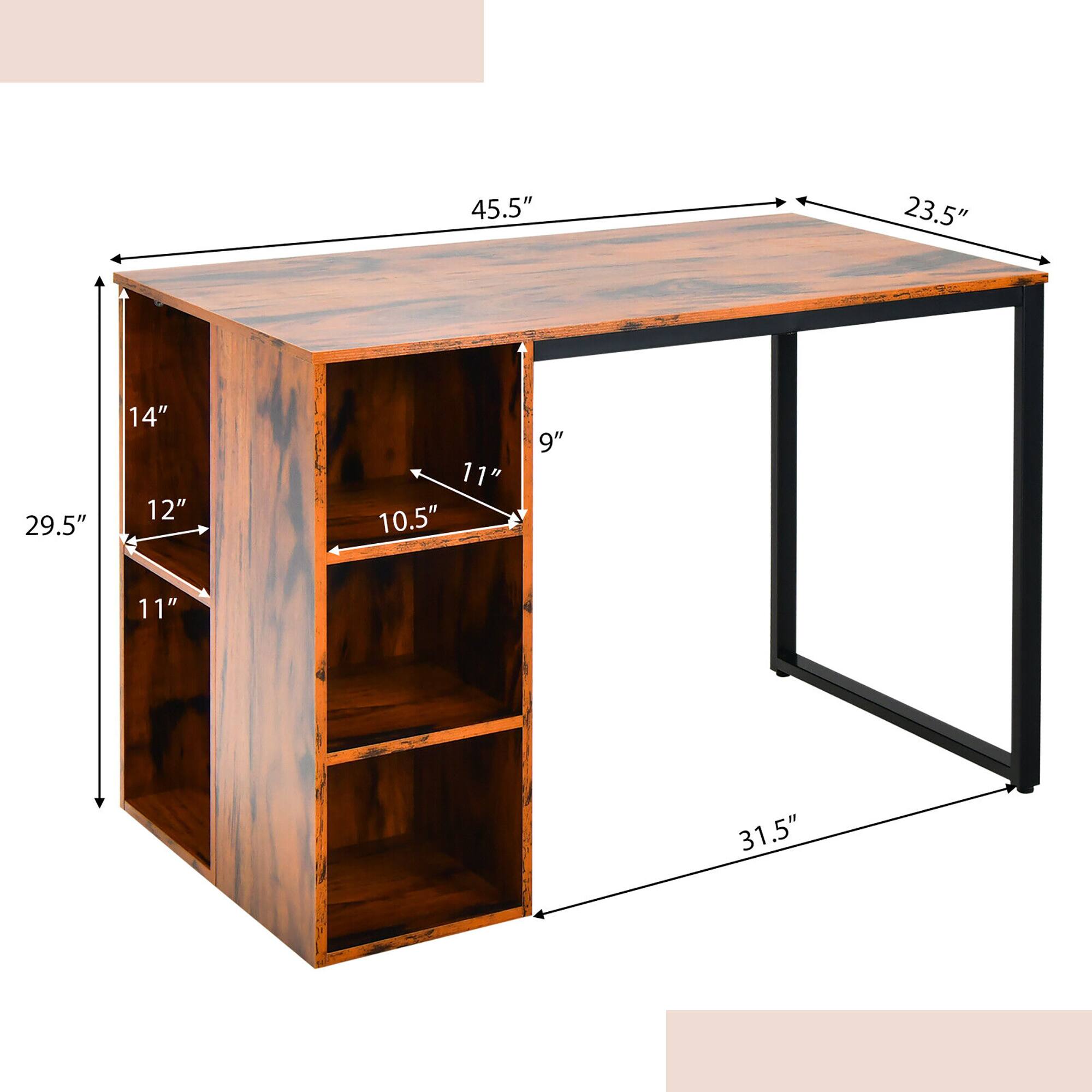 Length: 45.5", Width: 23.5", Height: 29.5", Depth: 14", Shelf 1: 12", Shelf 2: 11", Shelf 3: 10.5", Leg: 9", Side: 11", Leg: 31.5"