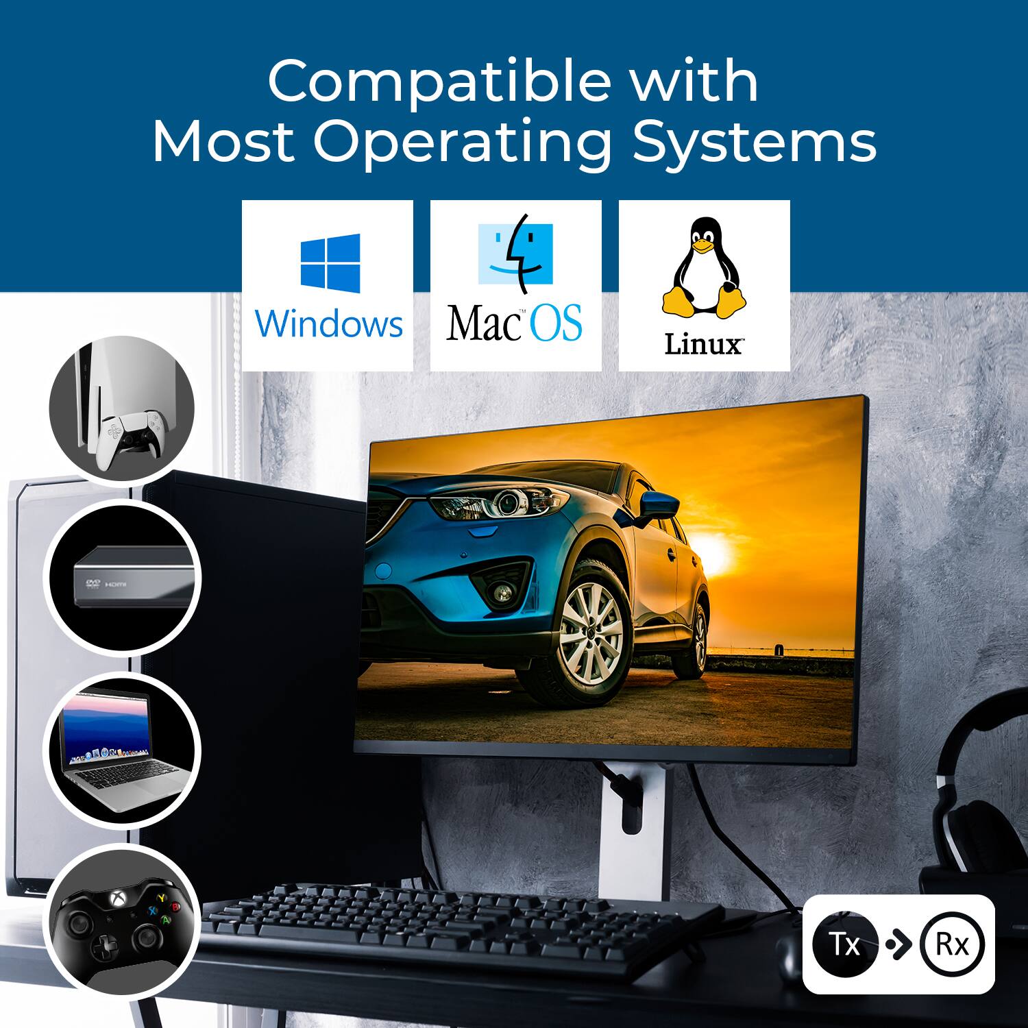 Compatible with Most Operating Systems  
Windows  
Mac OS  
Linux  

Tx  
Rx