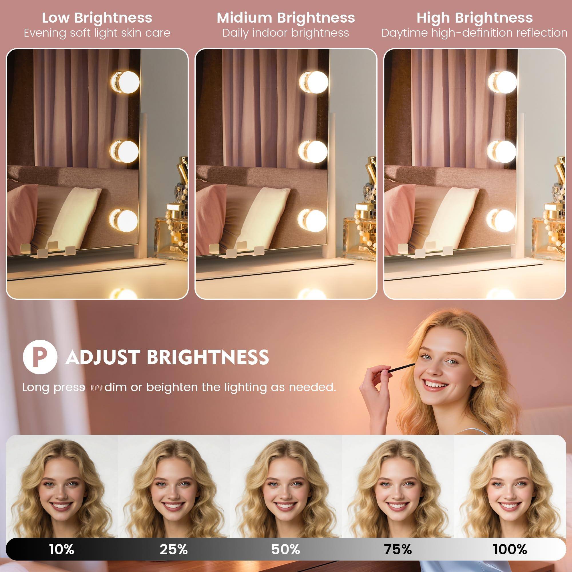 Low Brightness  
Evening soft light skin care  

Medium Brightness  
Daily indoor brightness  

High Brightness  
Daytime high-definition reflection  

ADJUST BRIGHTNESS  
Long press to dim or brighten the lighting as needed.  

10% 25% 50% 75% 100%