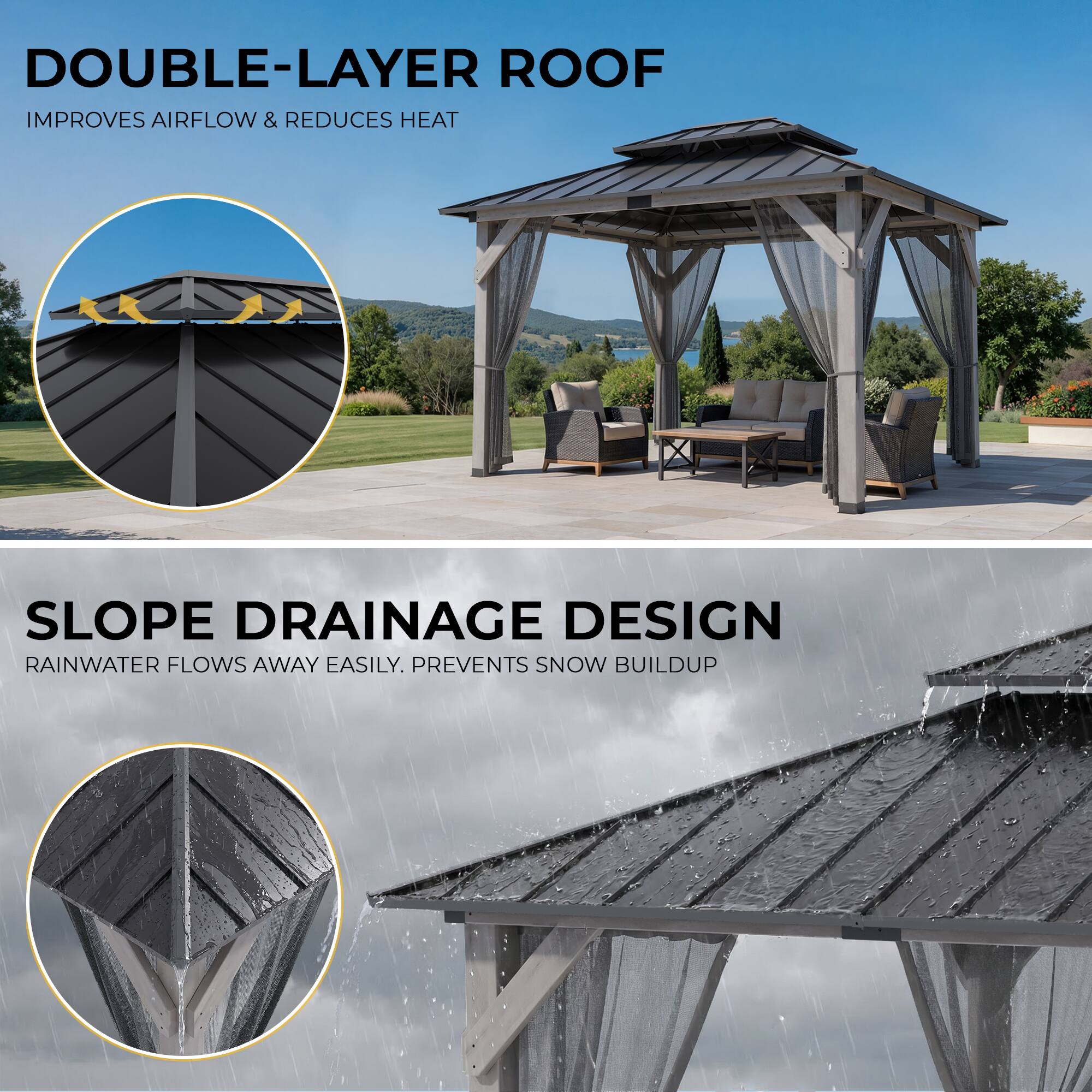 DOUBLE-LAYER ROOF IMPROVES AIRFLOW & REDUCES HEAT

SLOPE DRAINAGE DESIGN
RAINWATER FLOWS AWAY EASILY. PREVENTS SNOW BUILDUP