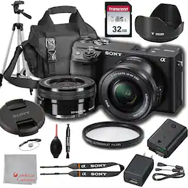 Bundle - Sony - Alpha a6400 Mirrorless Digital Camera with 16-50mm Lens + 32GB Card, Tripod, Case, and More (18pc) - Black