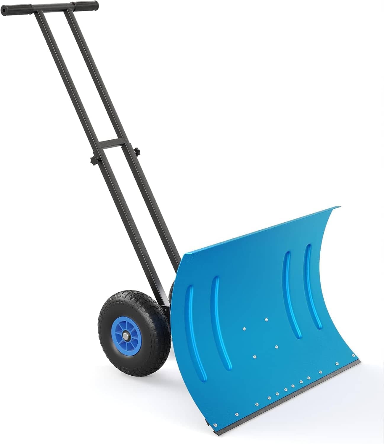 Babevy - 29" Snow Shovel Pusher with Double Rod, 2-Wheel Heavy Duty Metal Blade & Adjustable Handle for Driveways - Light Blue