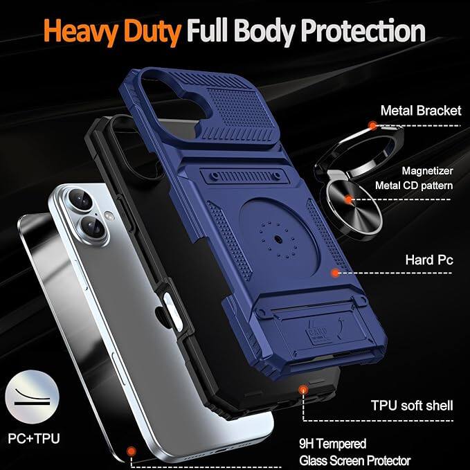 Heavy Duty Full Body Protection

- Metal Bracket
- Magnetizer
- Metal CD pattern
- Hard Pc
- TPU soft shell
- 9H Tempered Glass Screen Protector

PC+TPU