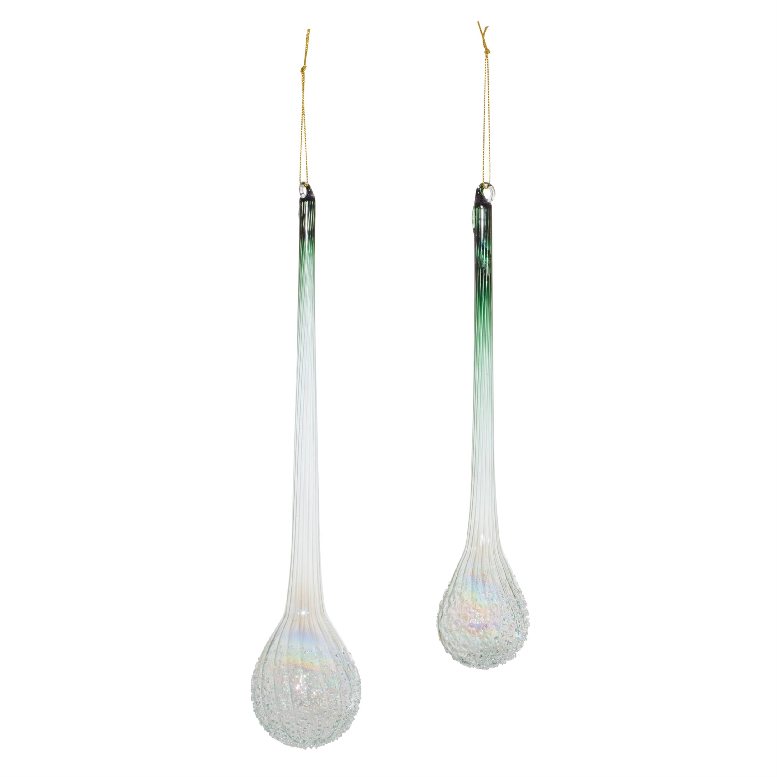 Angle. BreeBe - Green Iridescent Ribbed Glass Icicle Drop Ornament (Set of 12) - Green, Irredescent.