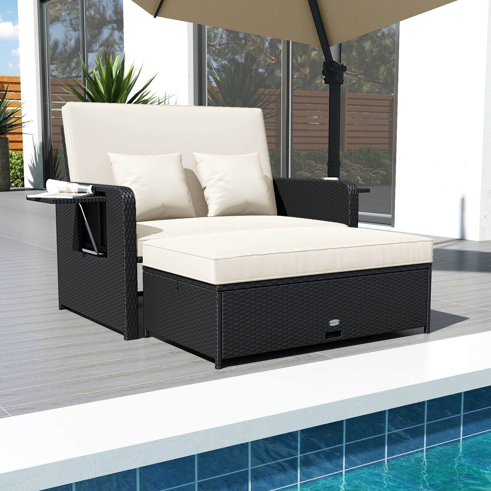 Alt View 1. Costway - Costway 2 PCS PE Wicker Outdoor Daybed with 4-Level Adjustable Backrest, Storage Ottoman - White + Black.