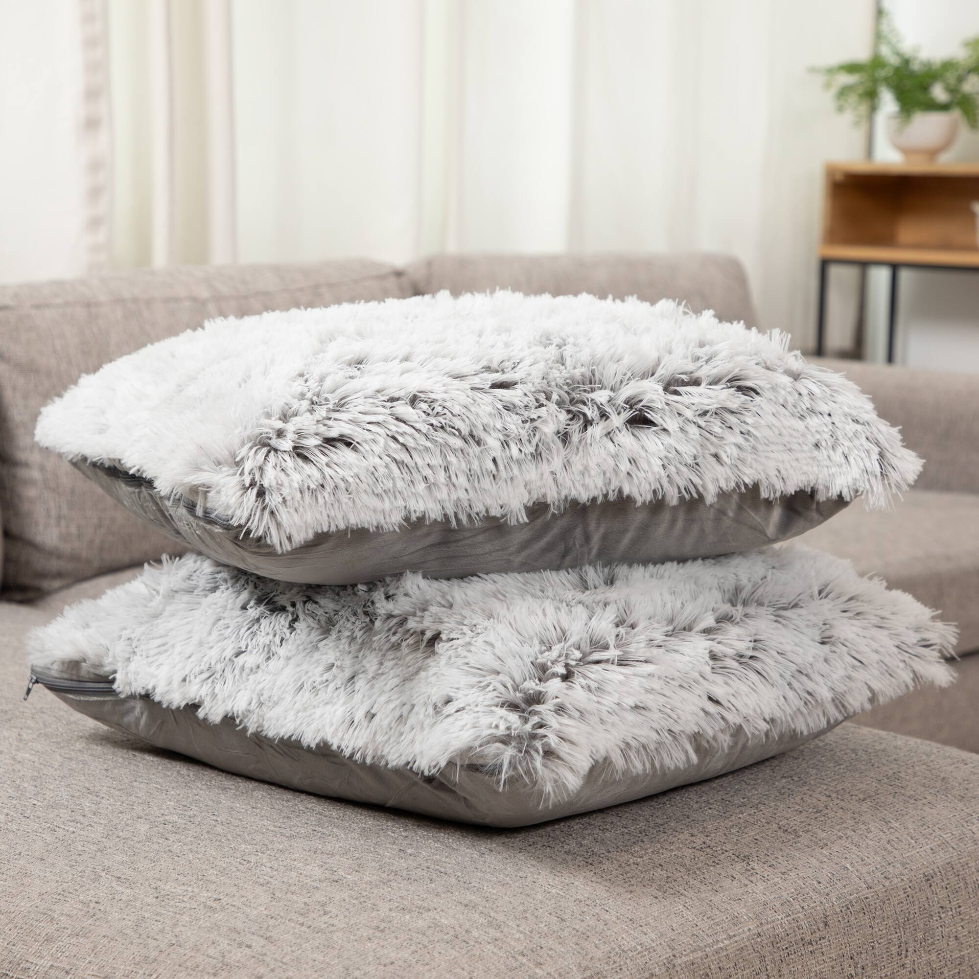 Front. Cheer Collection - Plush Shaggy Long Hair Faux Fur Accent Throw Pillows with Inserts, 18 x 18-Inch, Set of 2 - Gray Ombre - Gray Ombre.