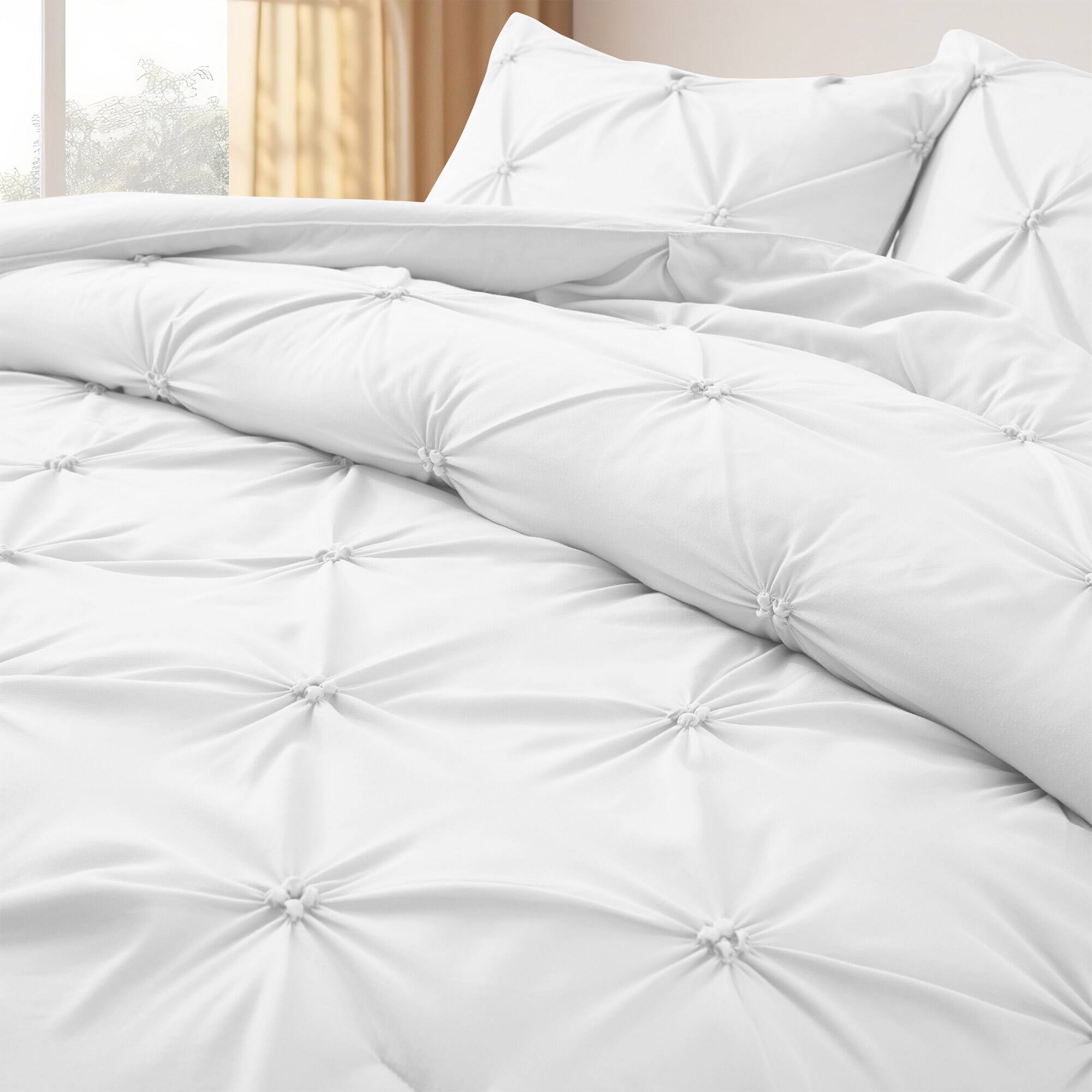 Back. Nest - Peace Nest 3 Pieces Pinch Pintuck Comforter Set Bedding Set for All Season - White.
