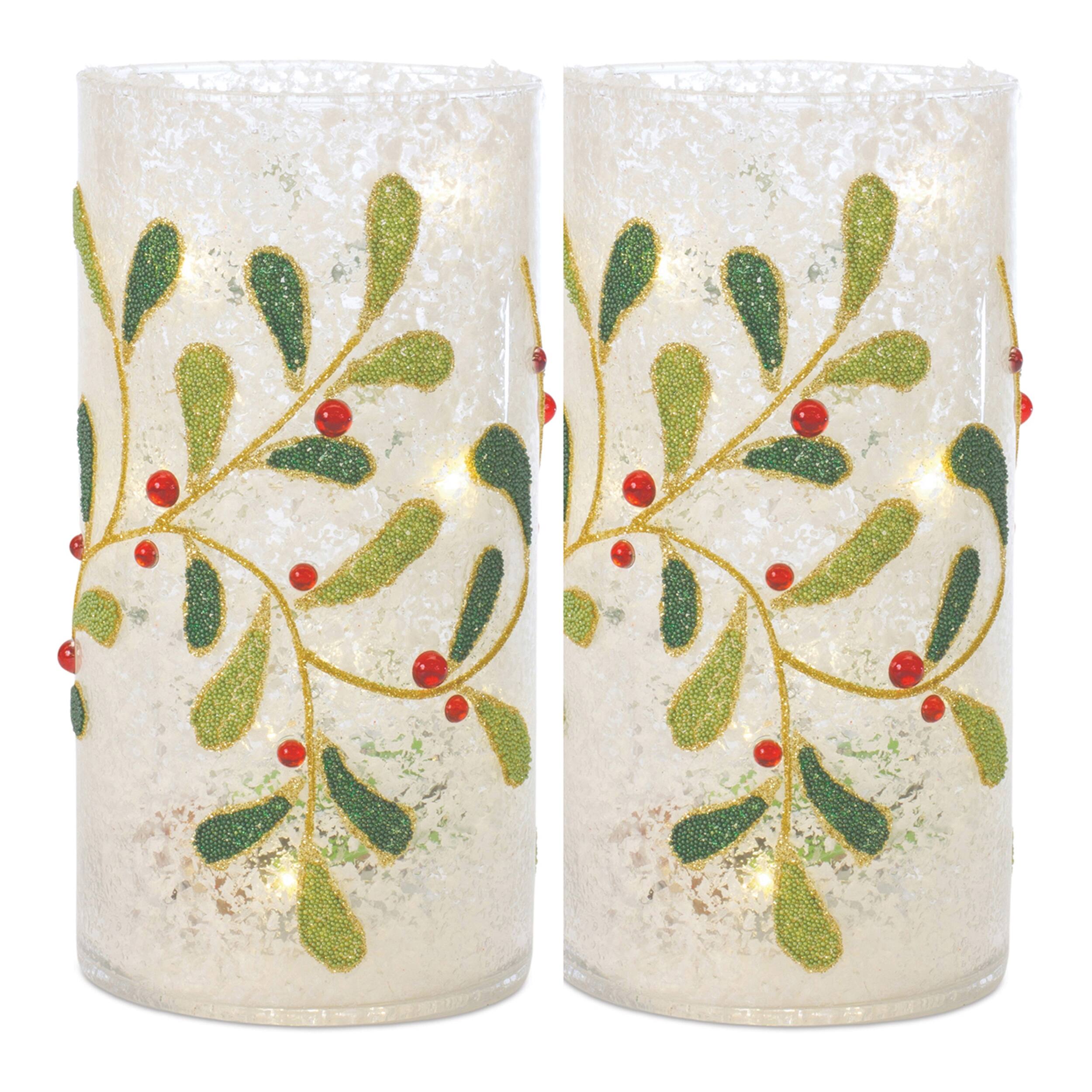 Angle. BreeBe - Beaded Glass Mistletoe Candle Holder (Set of 2) - White, Gree, Red.