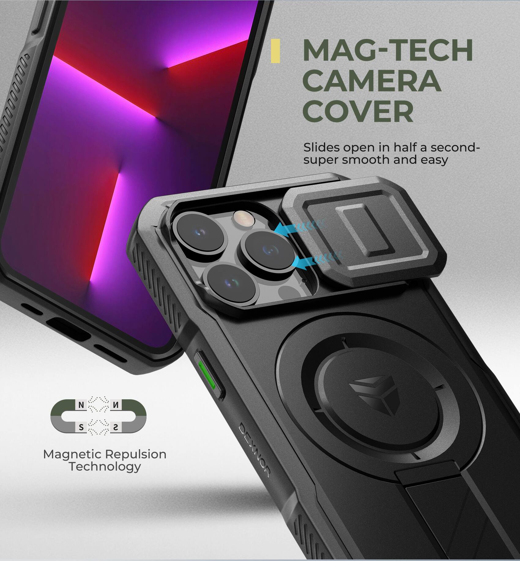 90000000Oo S N  CD C S D S  
MAG-TECH CAMERA COVER  
Slides open in half a second- super smooth and easy  
Magnetic Repulsion Technology