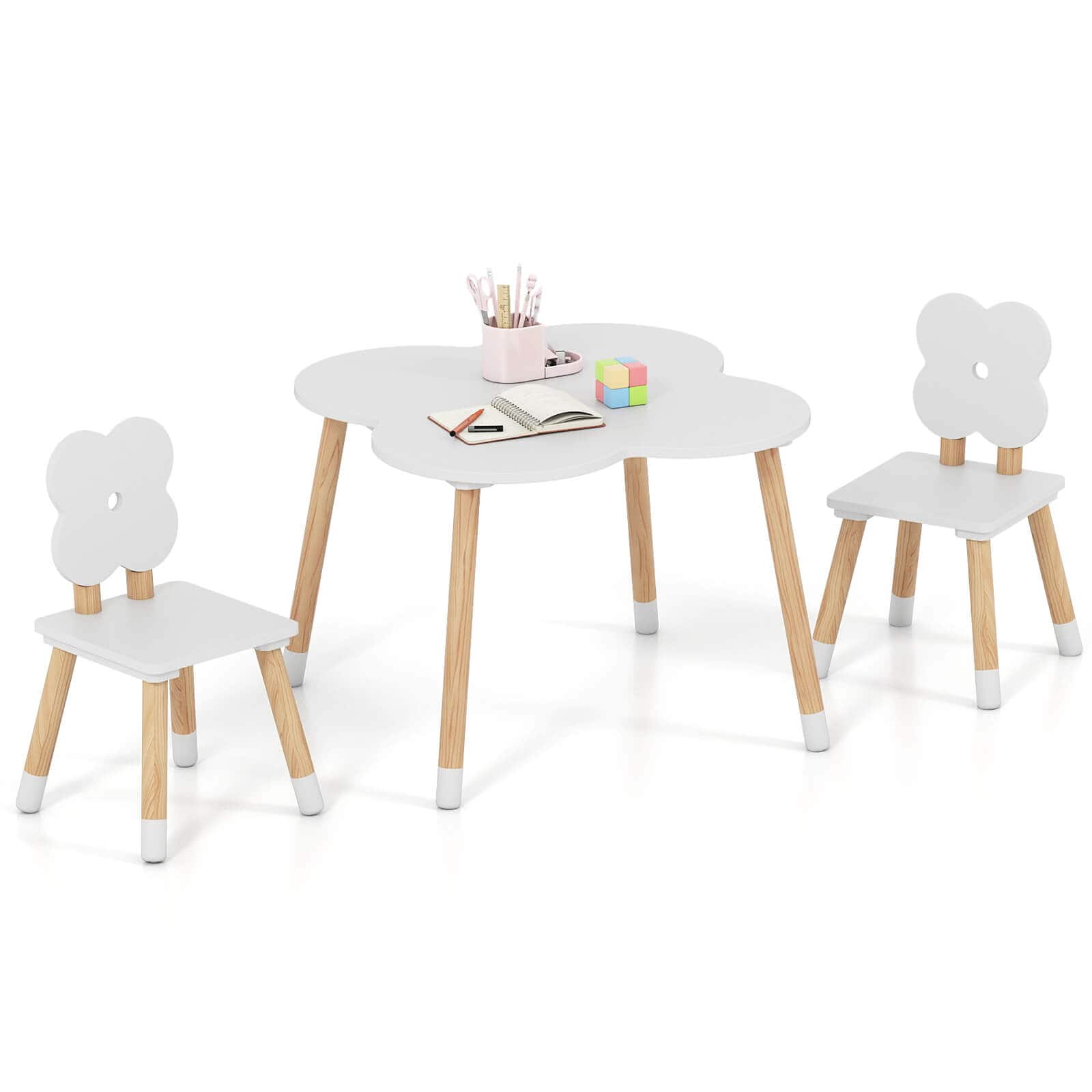 Costway - Flower-shaped Kids Table Set with 2 Child-sized Chairs Solid Pine Wood Legs - White
