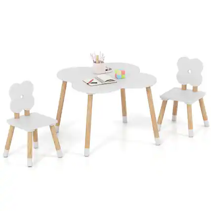 Front. Costway - Costway Flower-shaped Kids Table Set with 2 Child-sized Chairs Solid Pine Wood Legs - White.