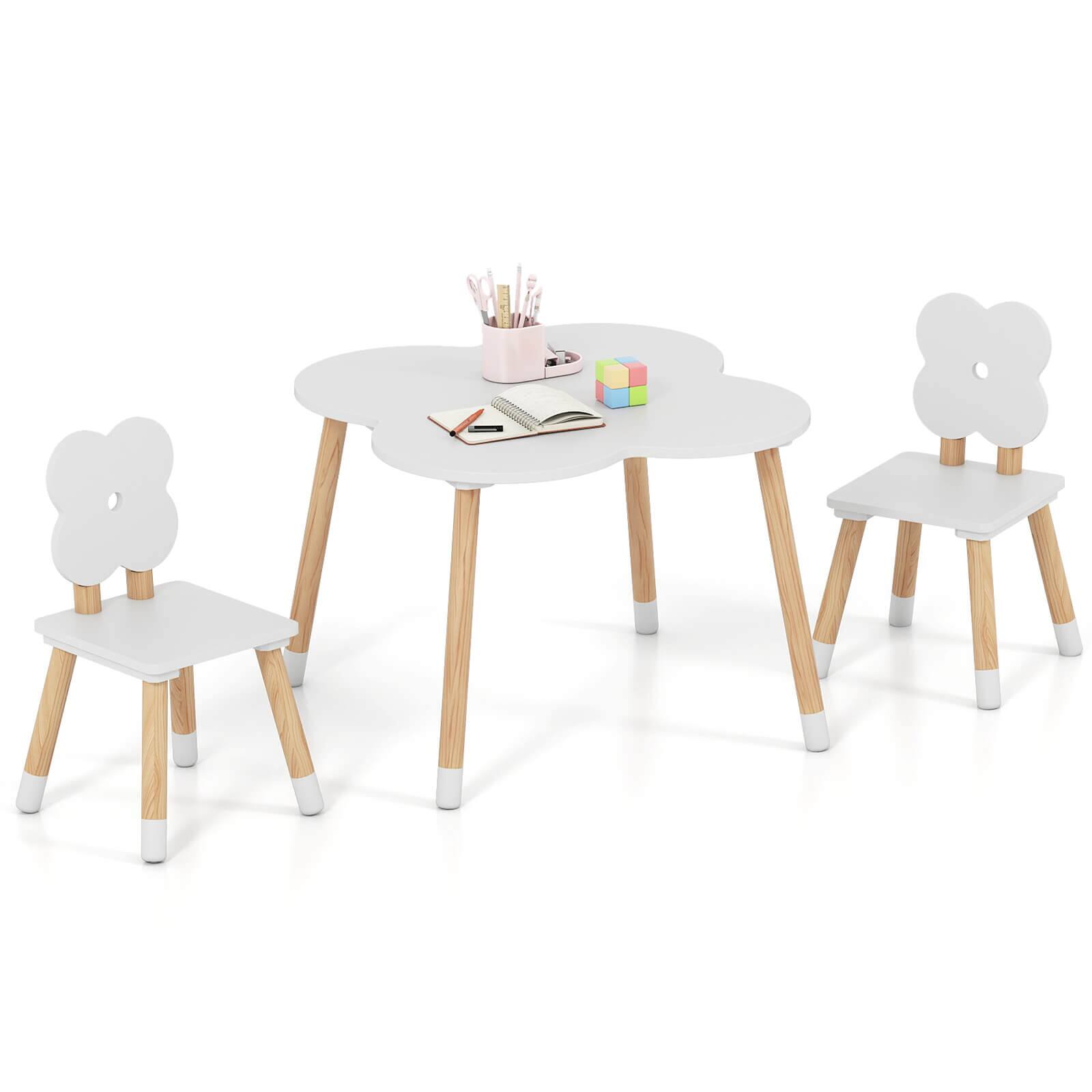 Costway - Flower-shaped Kids Table Set with 2 Child-sized Chairs Solid Pine Wood Legs - White