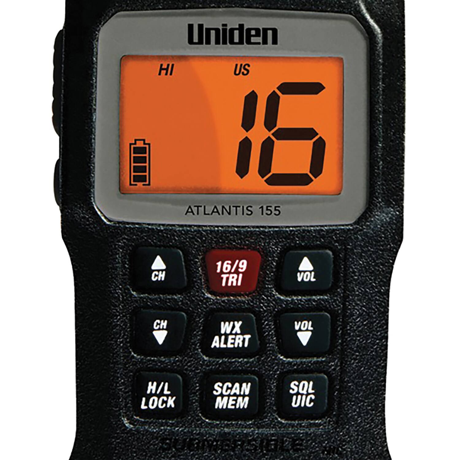 Uniden  
ATLANTIS 155  

HI US 16  
16/9 TRI  
VOL H/L LOCK  
WX ALERT  
SCAN MEM  
SQL UIC