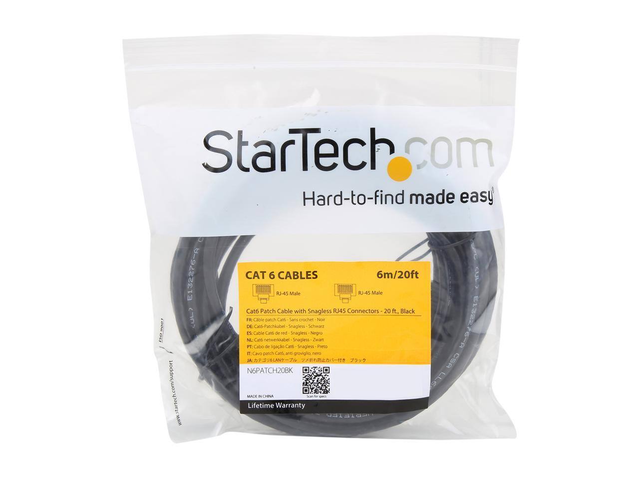 StarTech.com  
Hard-to-find made easy  

www.startech.com/support  

CAT 6 CABLES  
6m/20ft  

RJ-45 Male to RJ-45 Male  
Cat6 Patch Cable with Snagless RJ45 Connectors  
20 ft. Black  

Lifetime Warranty  

N6PATCH20BK  

MADE IN CHINA