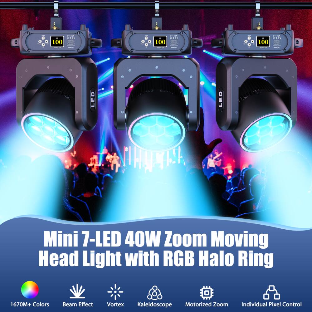Mini 7-LED 40W Zoom Moving Head Light with RGB Halo Ring

- 1670M+ Colors
- Beam Effect
- Vortex
- Kaleidoscope
- Motorized Zoom
- Individual Pixel Control