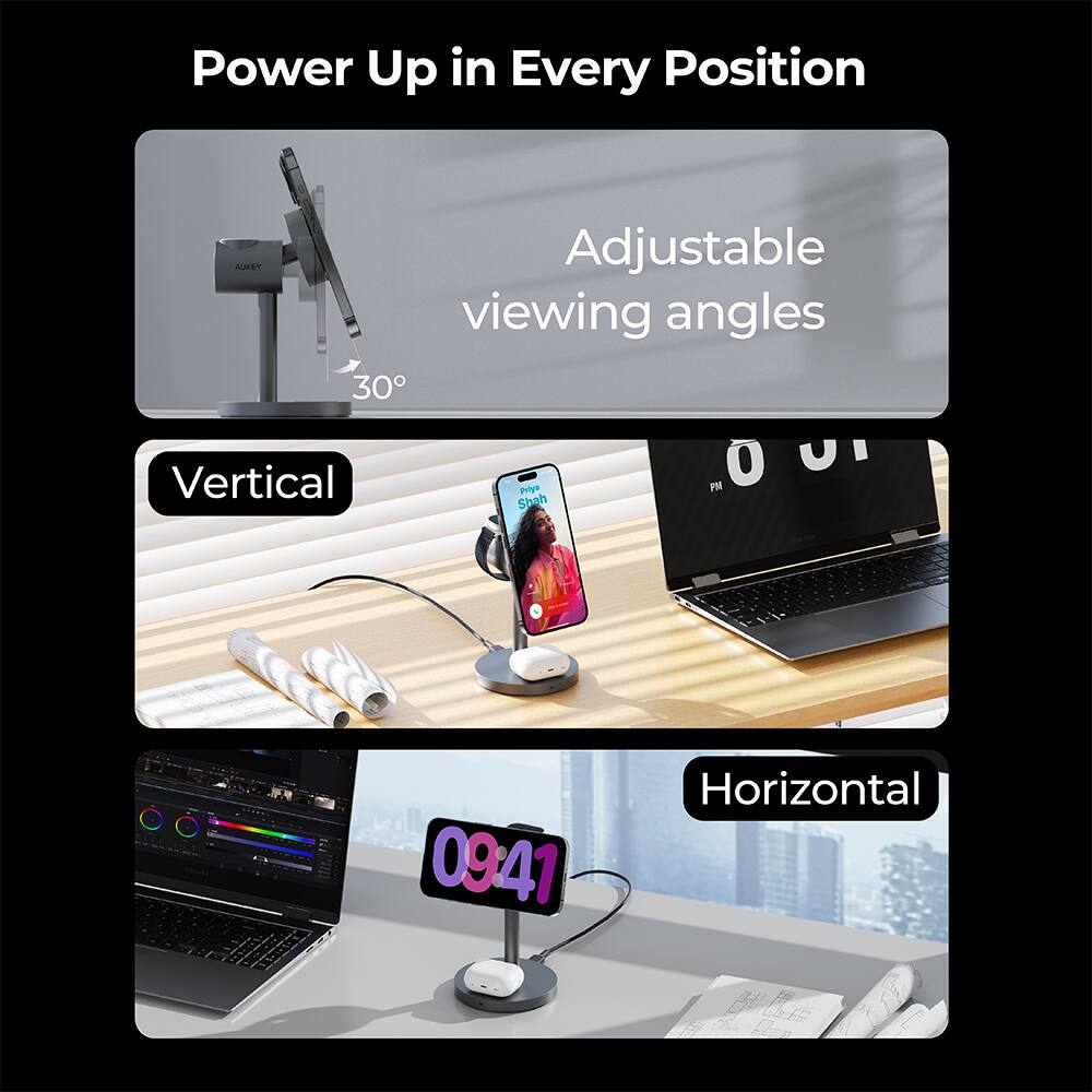 The text on the image reads: "Power Up in Every Position JL Adjustable viewing angles 30 Vertical Pripo PN 0 Shah M 09:41 Horizontal."