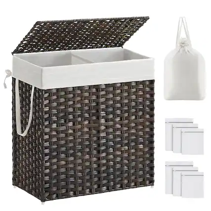 Front. Songmics Home - 110 L Laundry Hamper with Lid, Clothes Hamper with 2 Removable Liner Bags, 6 Mesh Bags, Brown - Brown.
