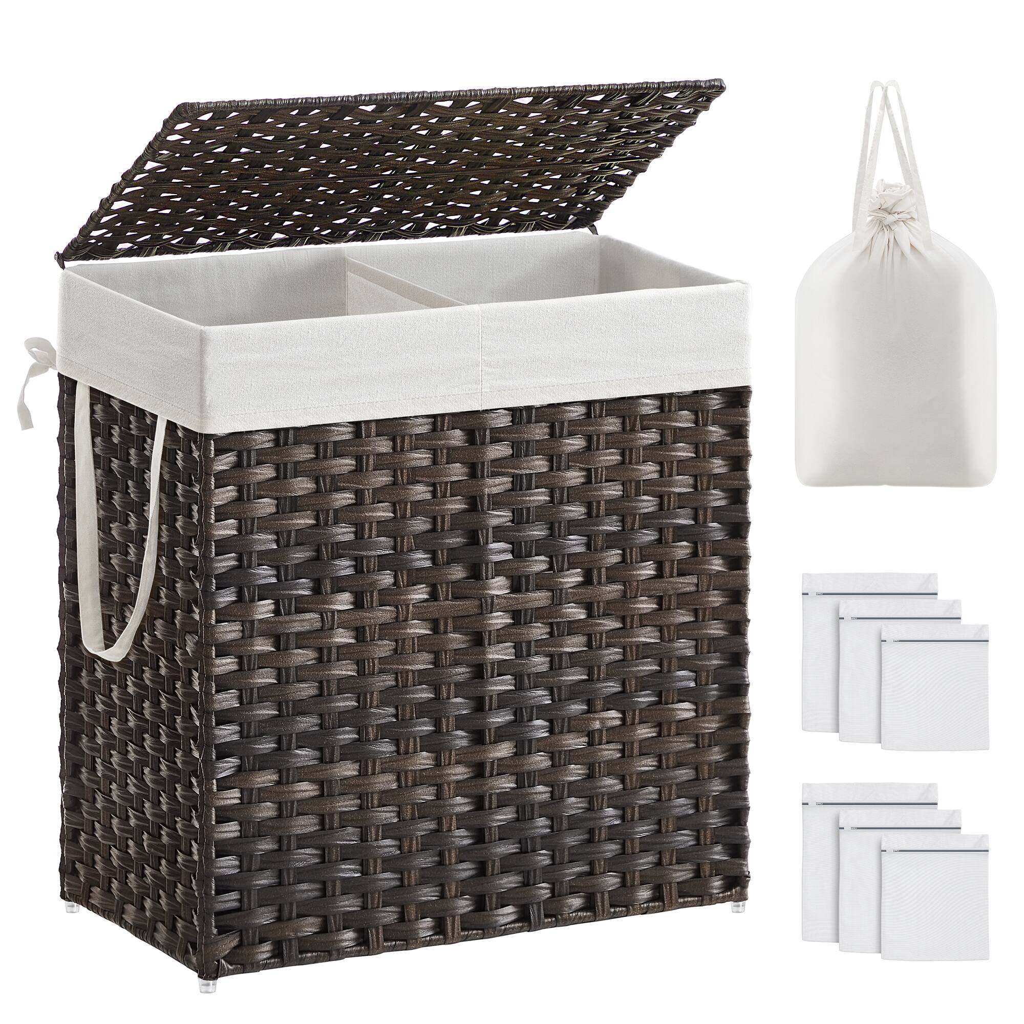 Front. Songmics Home - 110 L Laundry Hamper with Lid, Clothes Hamper with 2 Removable Liner Bags, 6 Mesh Bags, Brown - Brown.