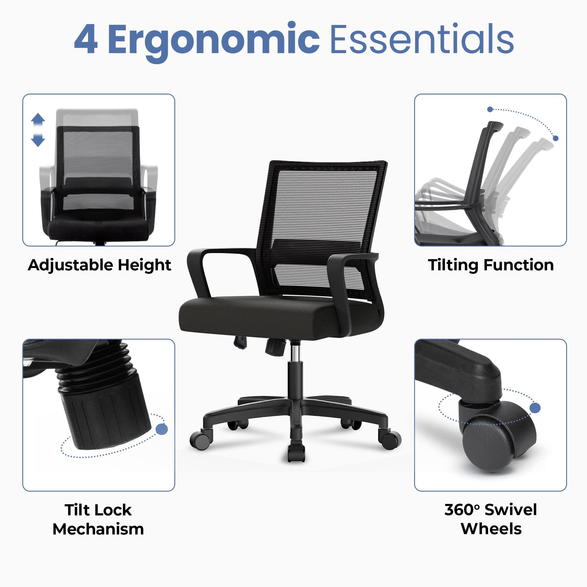 4 Ergonomic Essentials

- Adjustable Height
- Tilt Lock Mechanism
- Tilt Function
- 360° Swivel Wheels